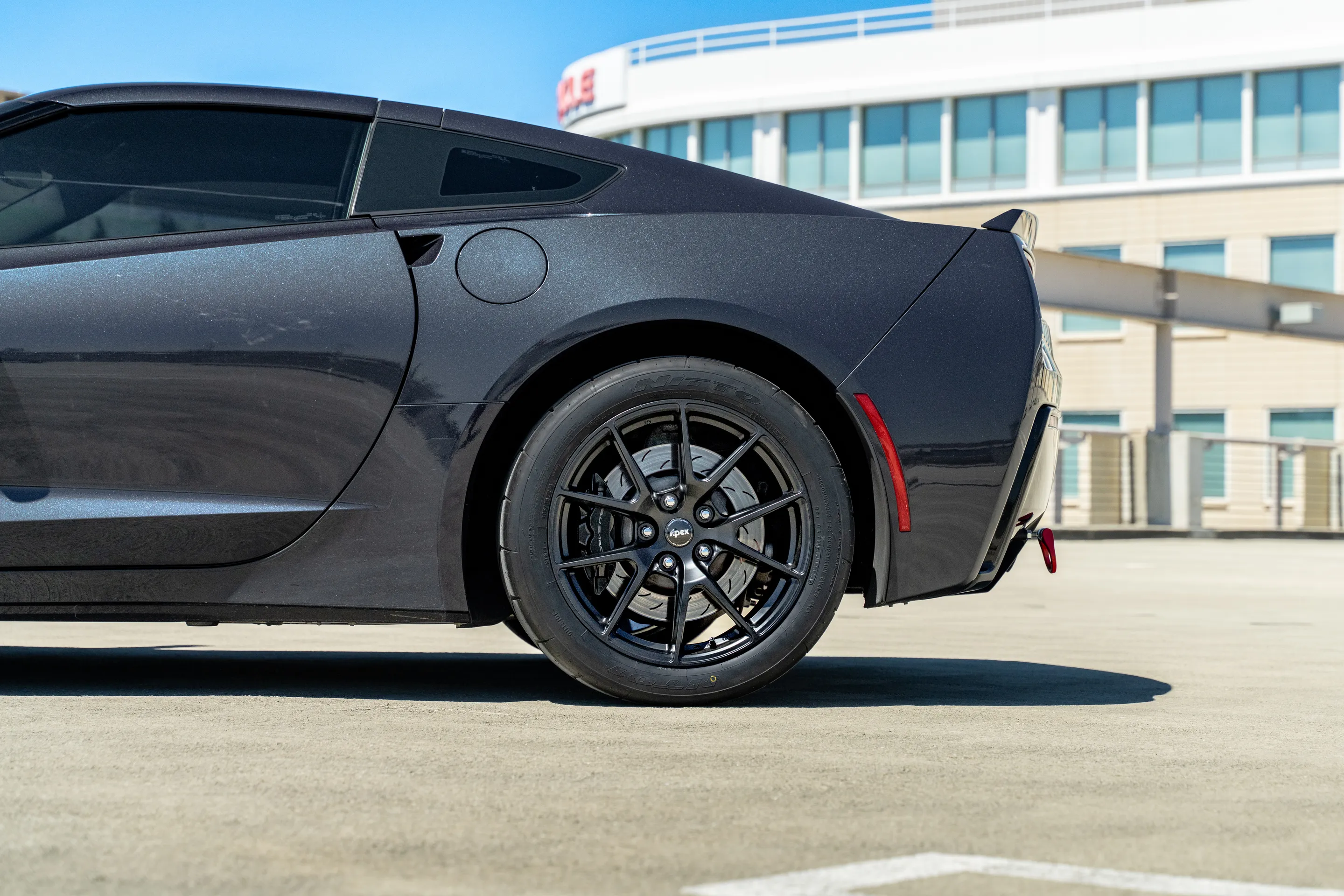 Grey Chevrolet C7 Corvette Stingray/Z51 with 18" VS-5 Apex wheels in Satin Black