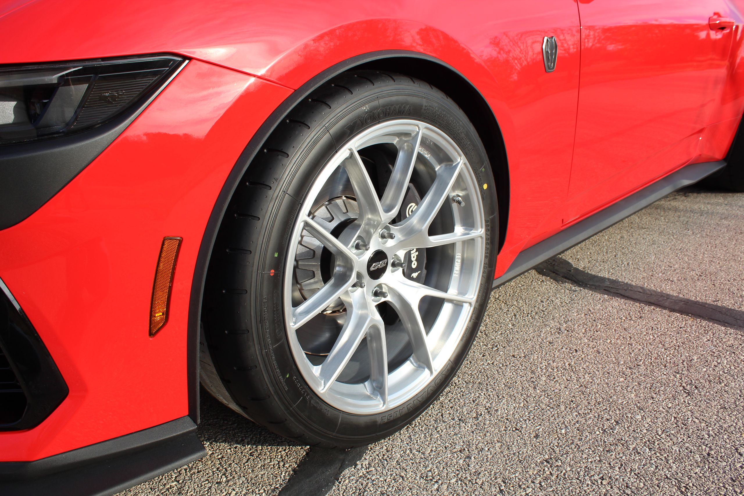 Red Ford S650 Mustang Dark Horse with 19" VS-5RS Apex wheels in Brushed Clear