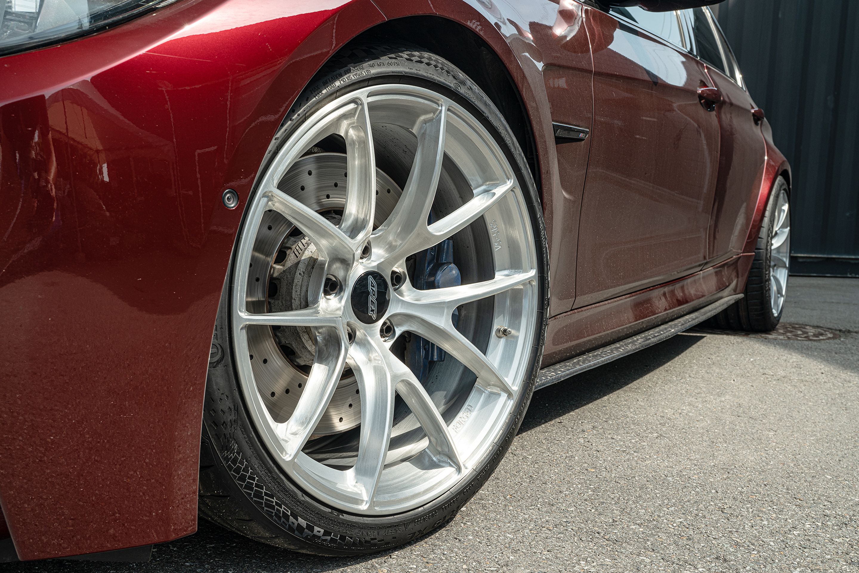 Red BMW F80 M3 with 19" VS-5RS Apex wheels in Brushed Clear
