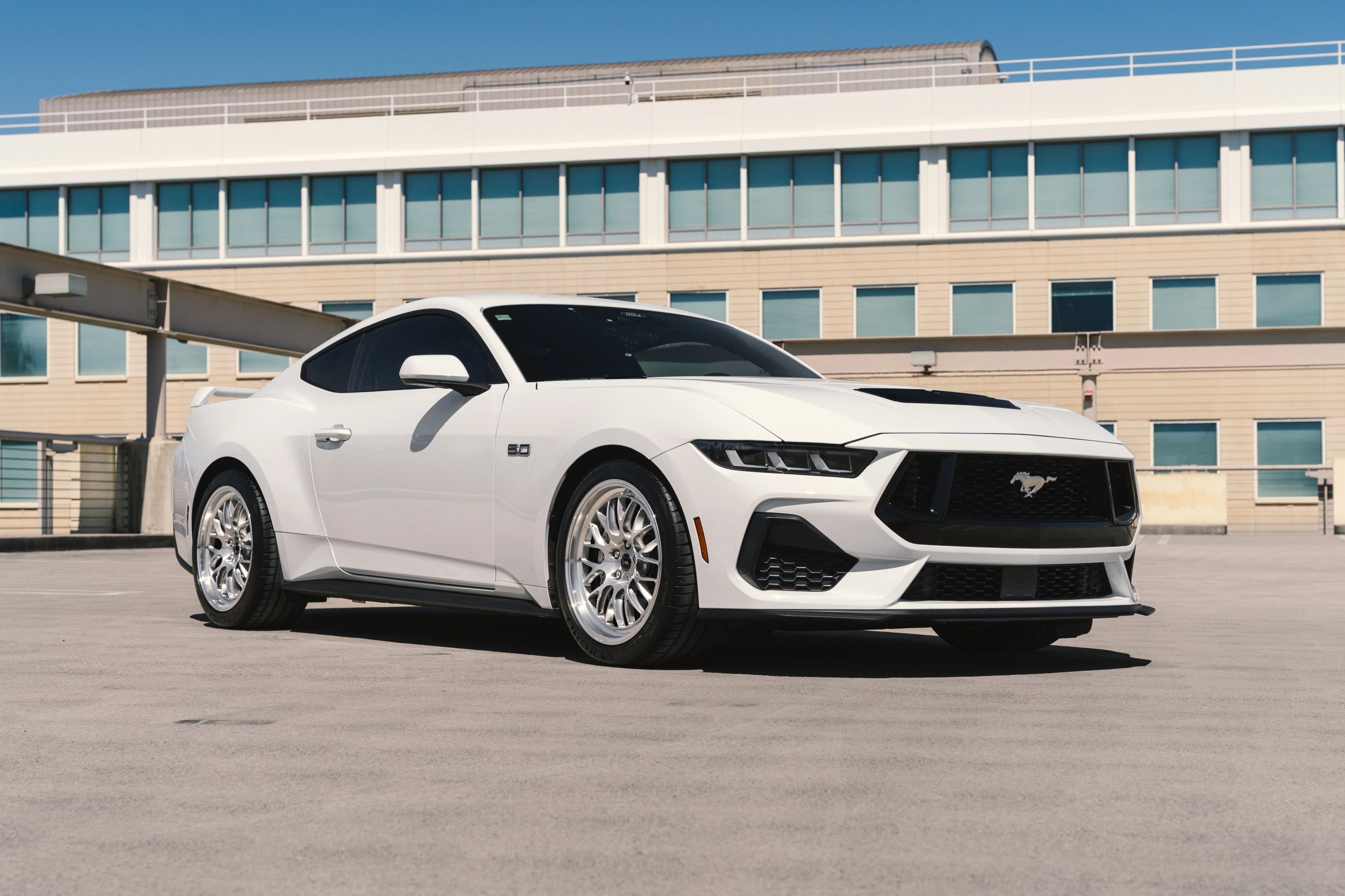 White Ford S650 Mustang GT with 19" ML-10RT Apex wheels in Machined Lip Brushed Clear
