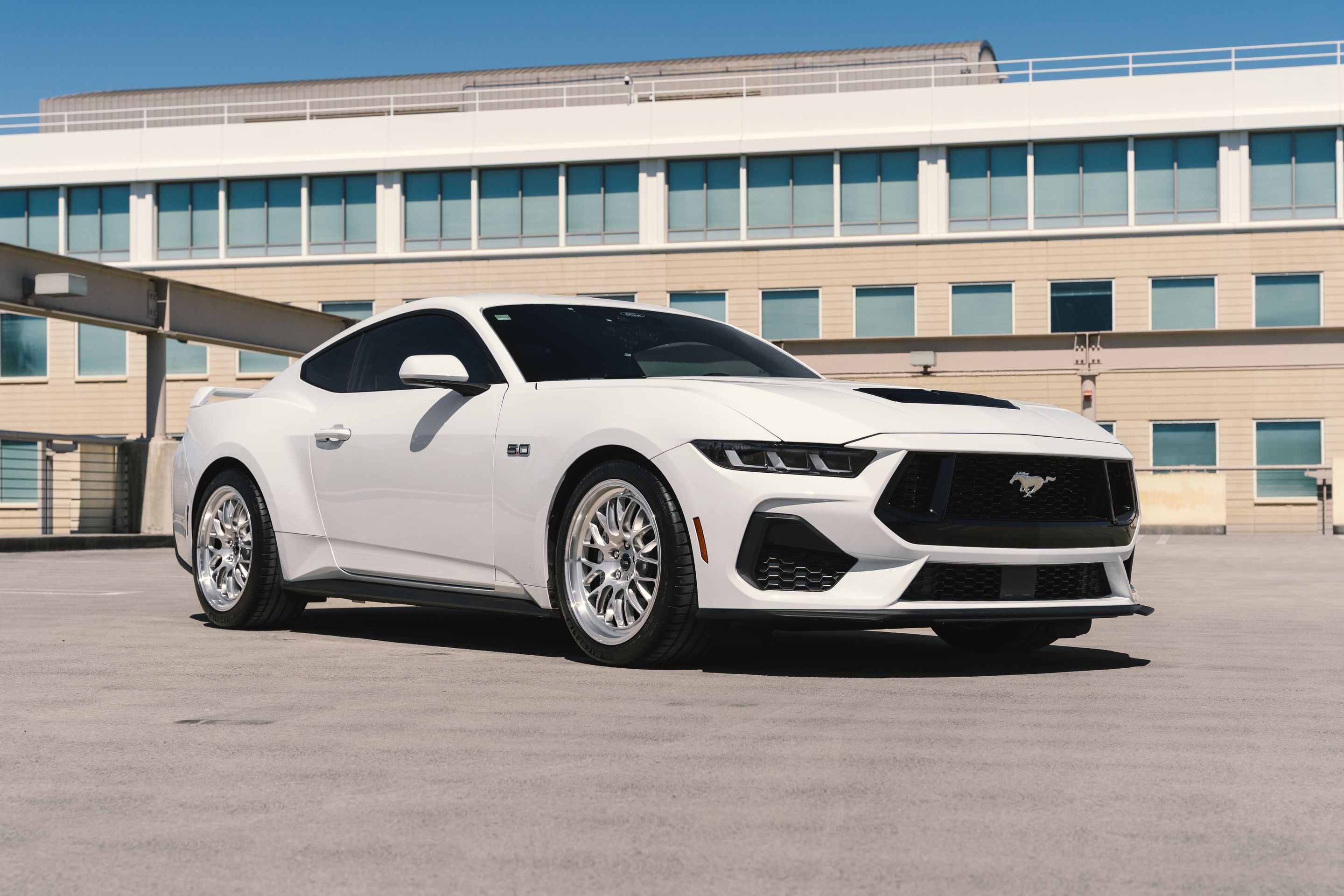 White Ford S650 Mustang GT with 19" ML-10RT Apex wheels in Machined Lip Brushed Clear