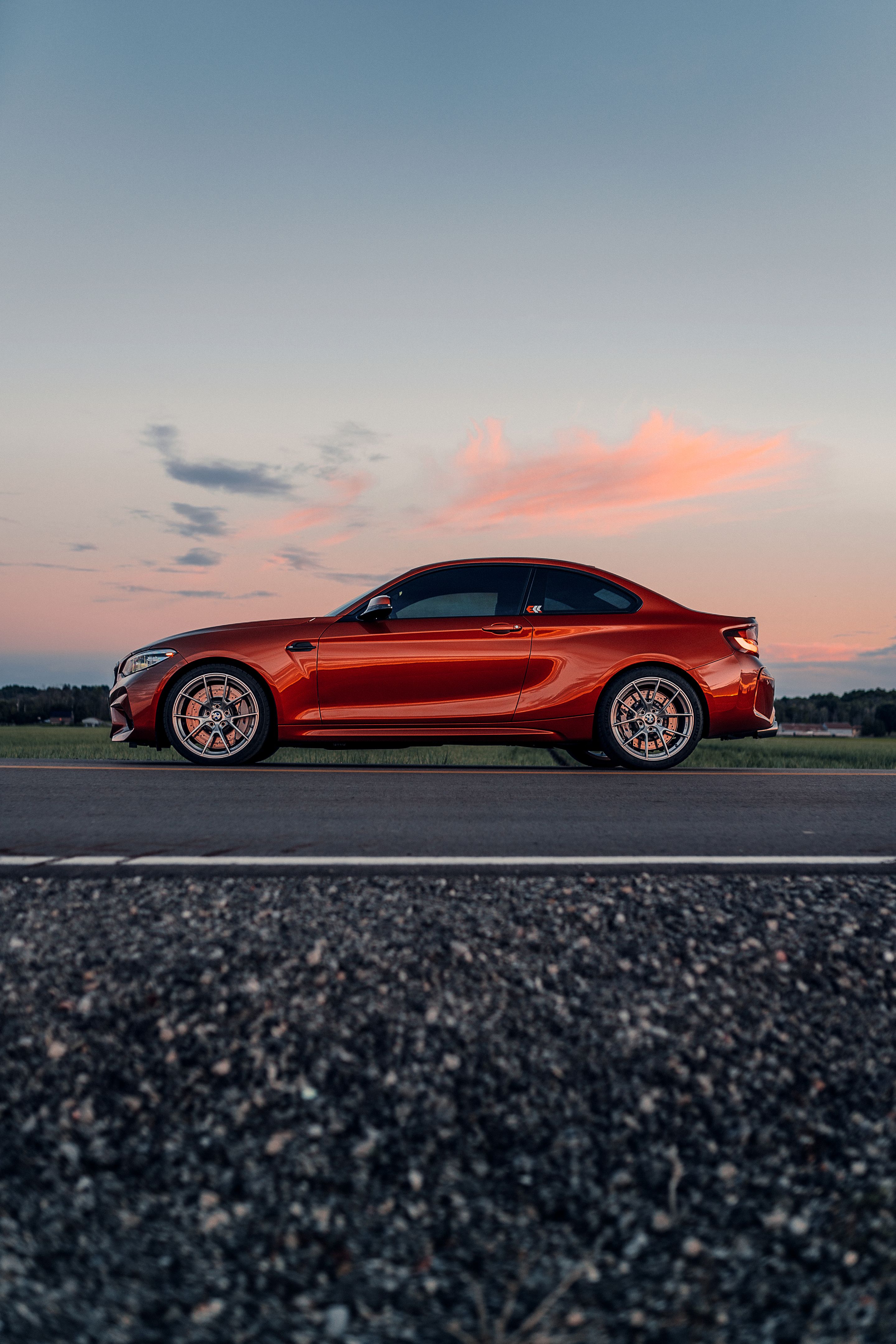 Orange BMW F87 M2 with 19" VS-5RS Apex wheels in Brushed Clear