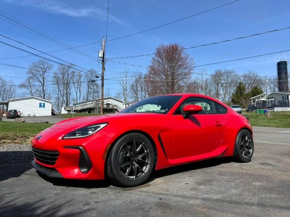 Red Subaru ZD8 / Gen 2 BRZ with 17" VS-5RS Apex wheels in Anthracite