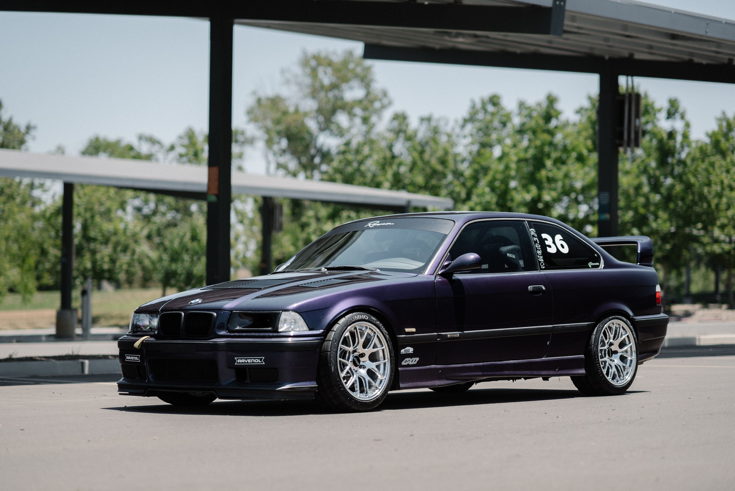 Purple BMW E36 M3 with 17" EC-7R Apex wheels in Polished