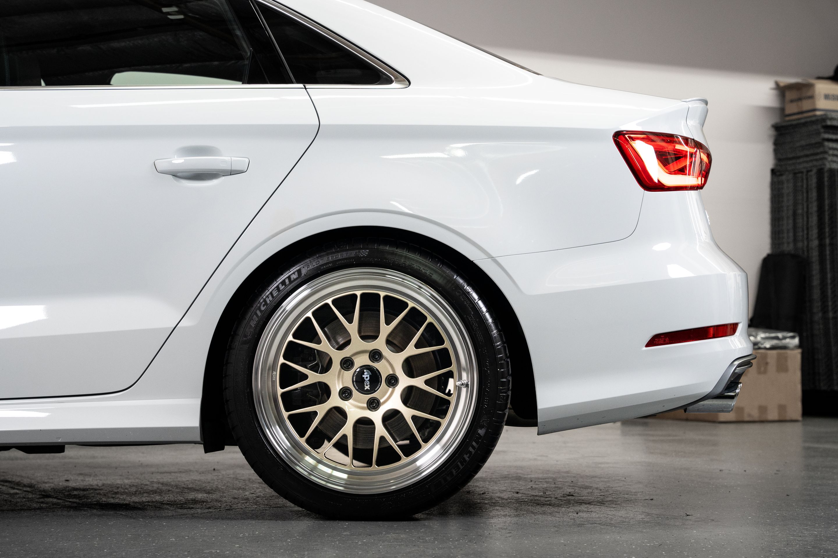 White Audi 8V S3 with 18" ML-10RT Apex wheels in Machined Lip Gloss Motorsport Gold