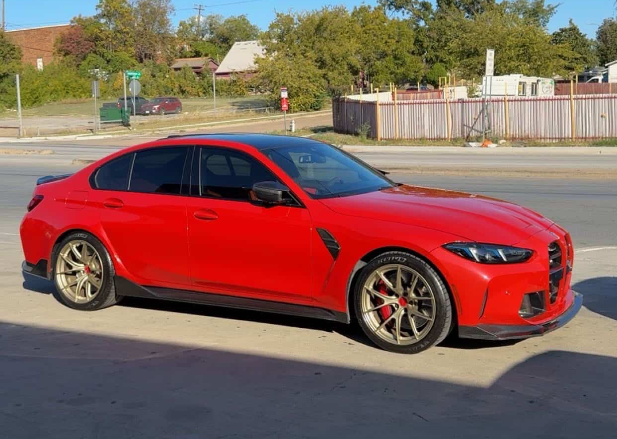 Red BMW G80 M3 with 19" VS-5RS Apex wheels in Motorsport Gold