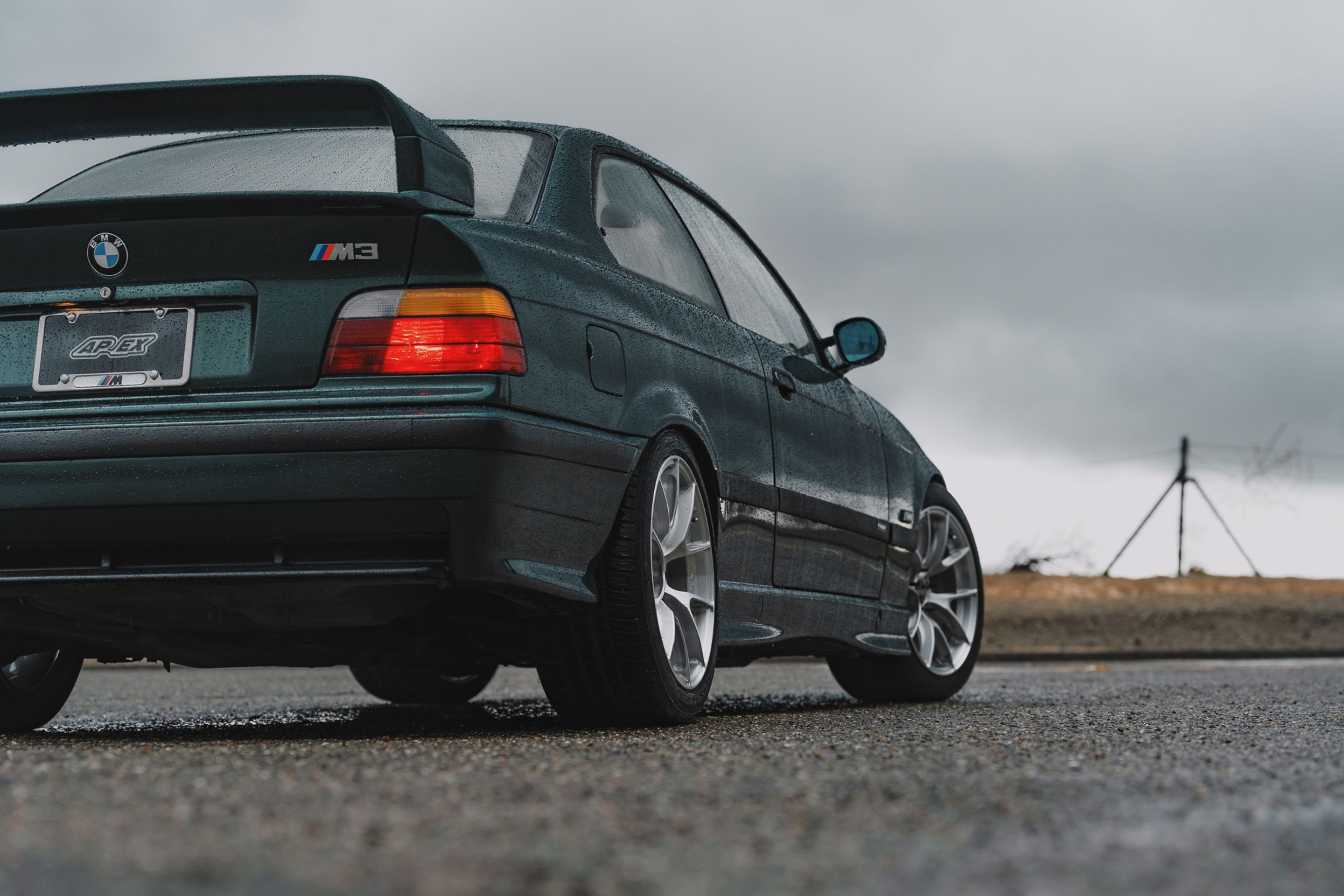 Green BMW E36 M3 with 17" VS-5RS Apex wheels in Brushed Clear