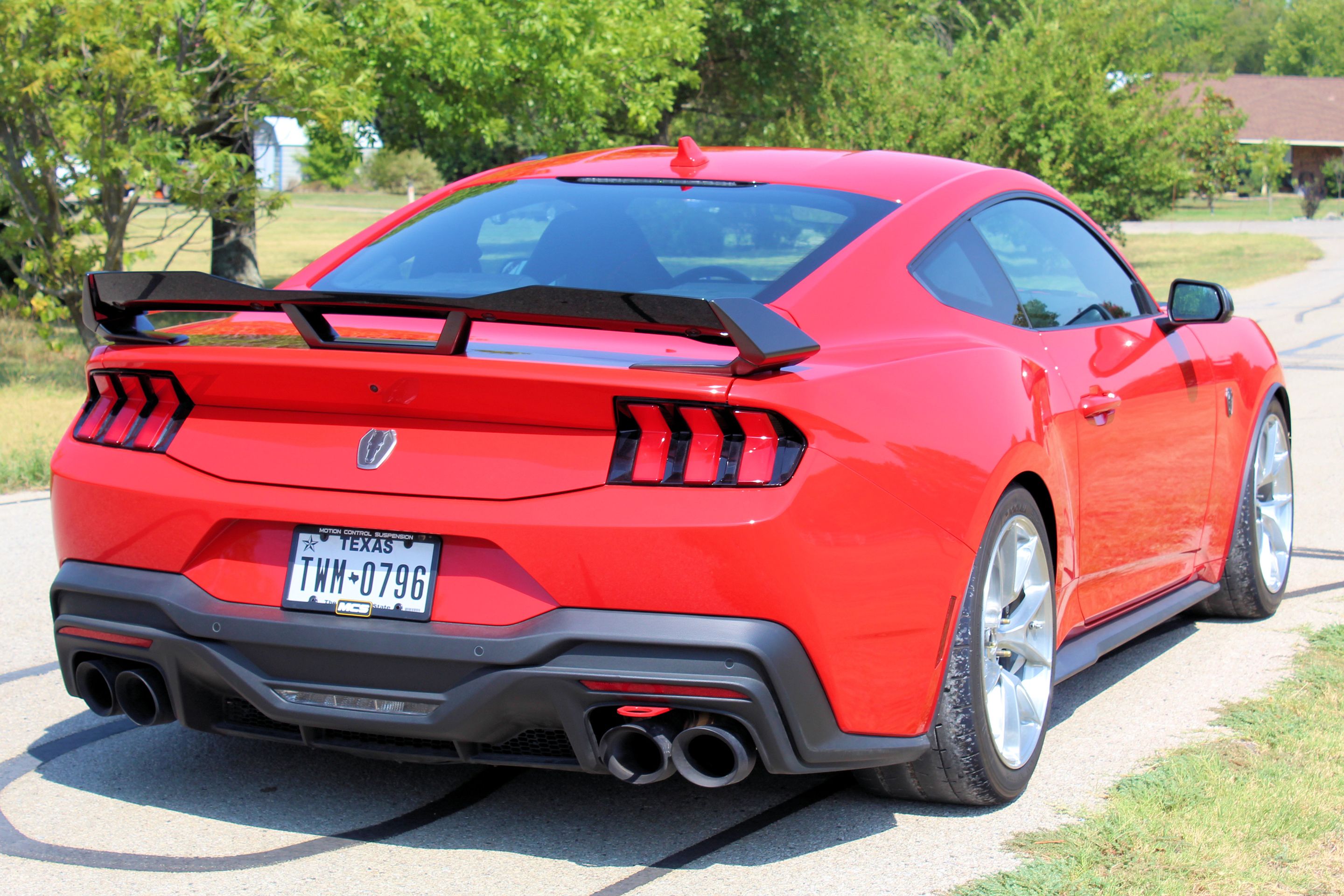 Red Ford S650 Mustang Dark Horse with 19" VS-5RS Apex wheels in Brushed Clear