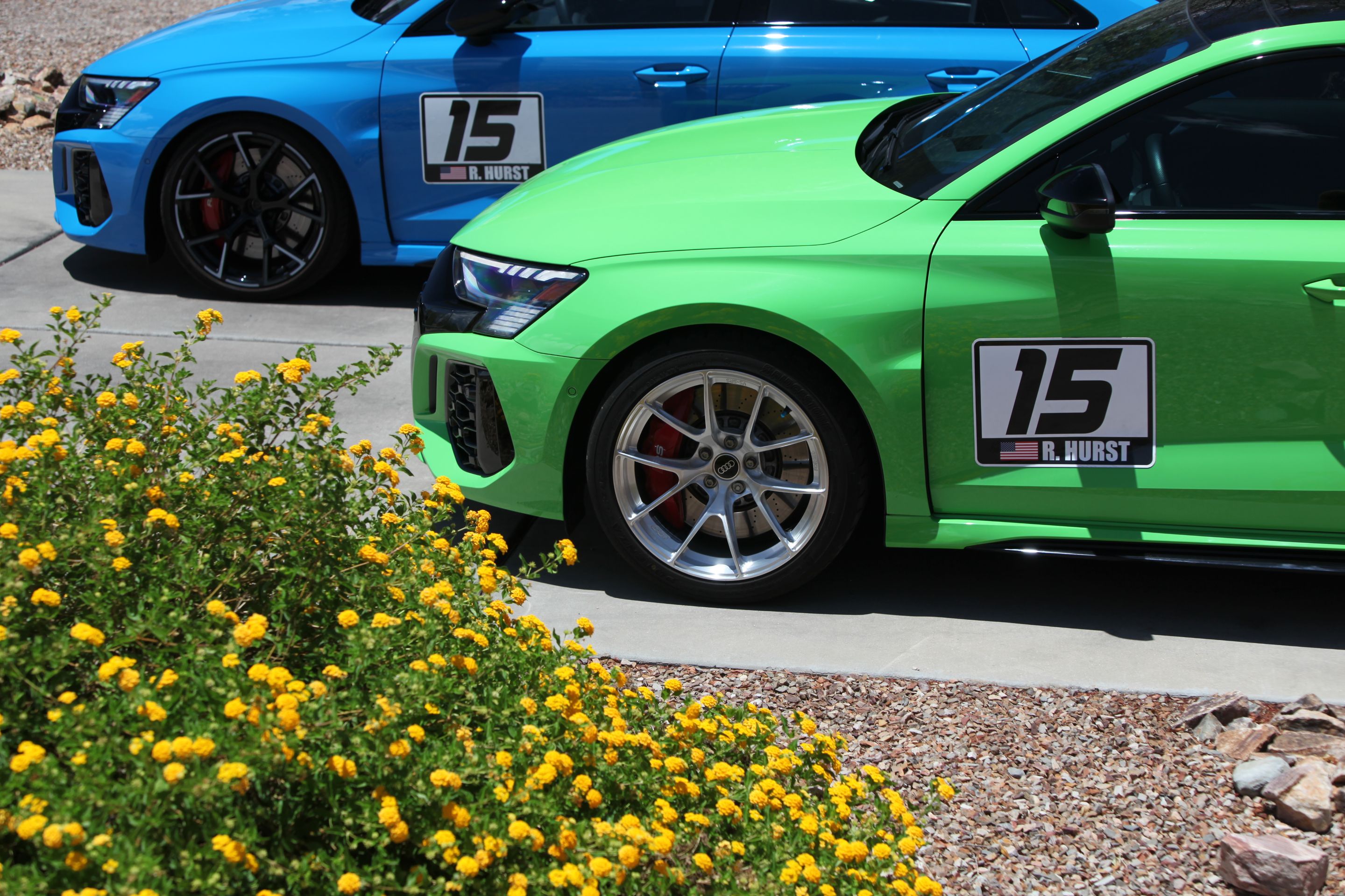 Green Audi 8Y RS 3 with 18" VS-5RS Apex wheels in Brushed Clear