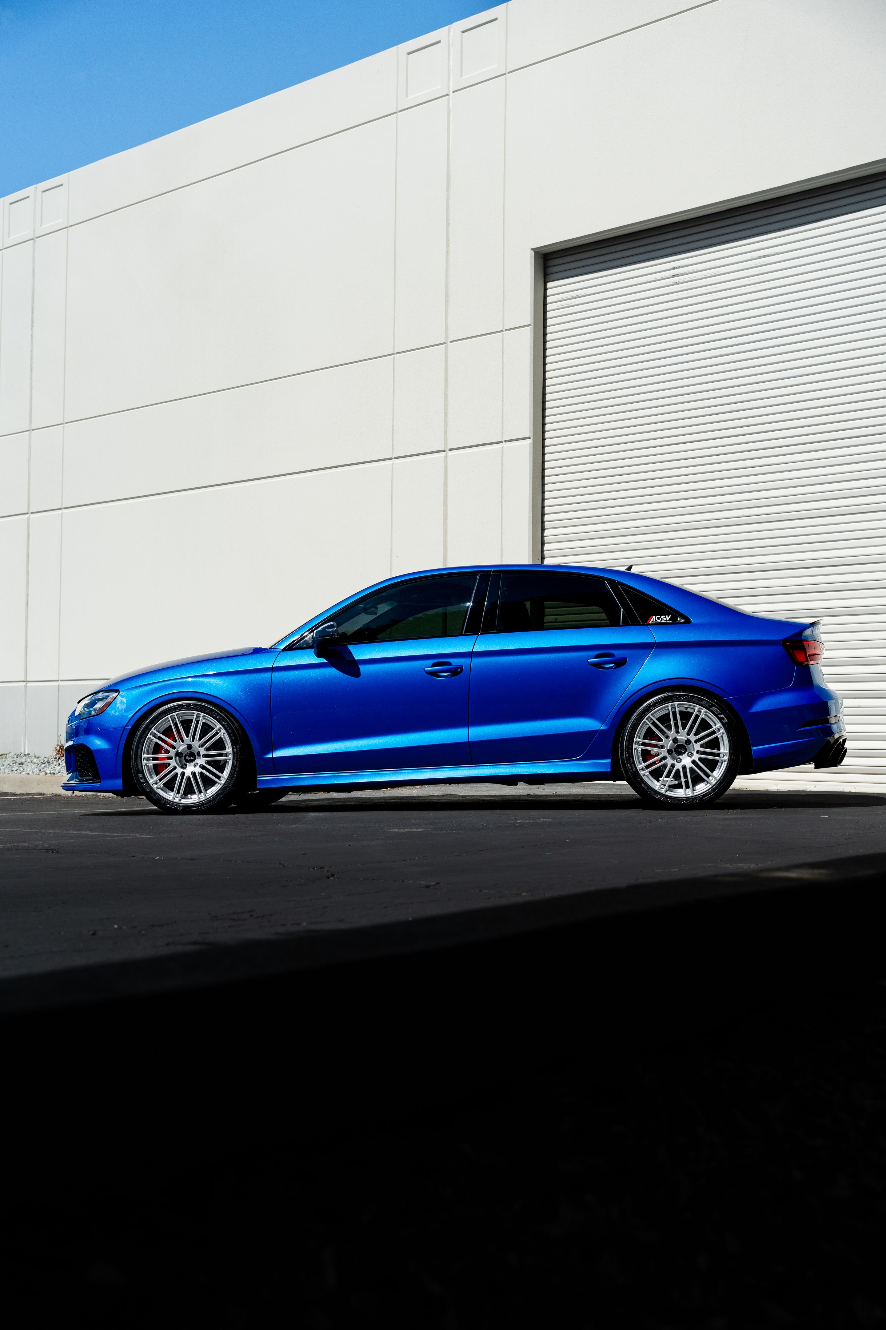 Blue Audi 8V RS 3 with 18" TC-10RT Apex wheels in Race Silver