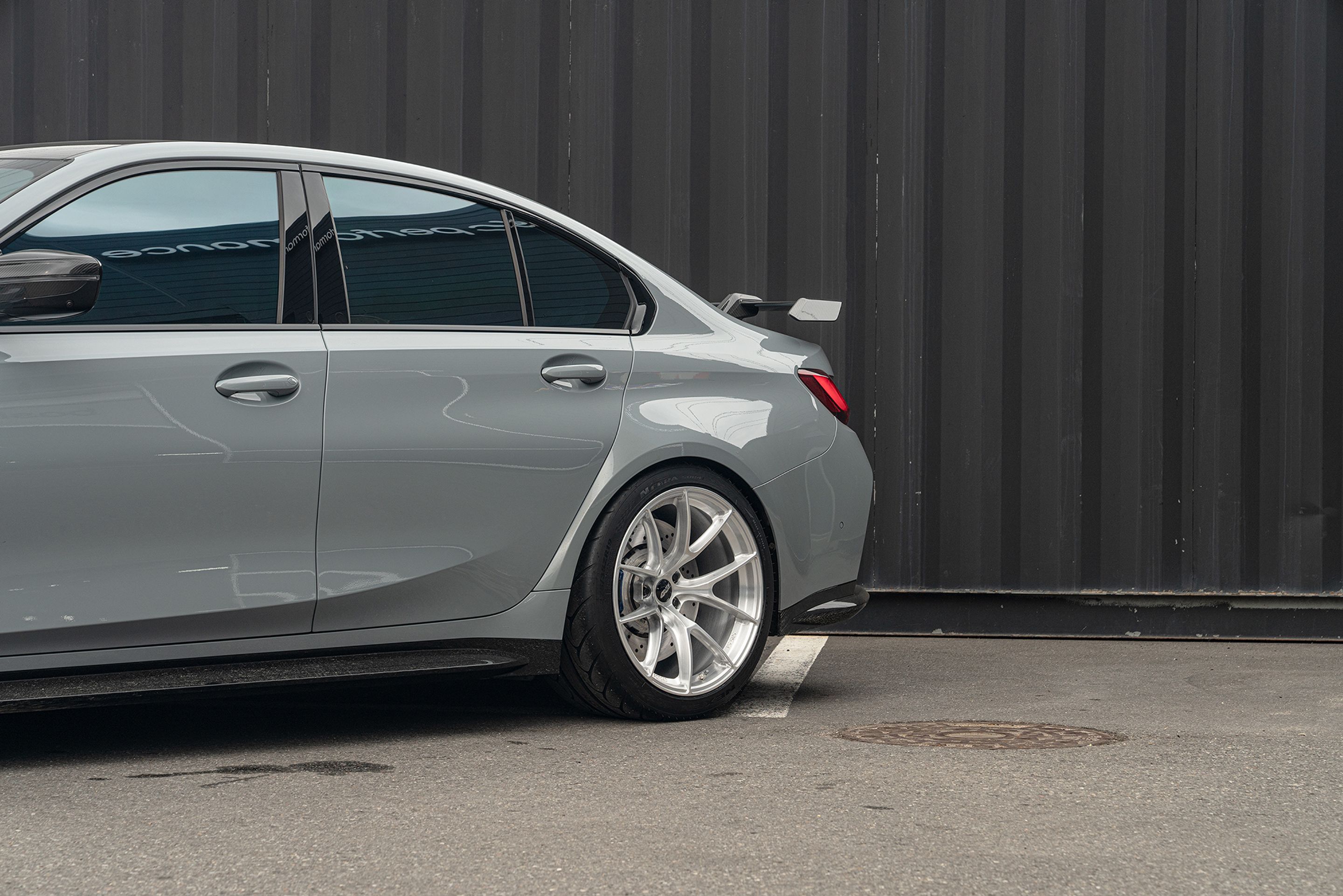Grey BMW G80 M3 with 19" VS-5RS Apex wheels in Brushed Clear