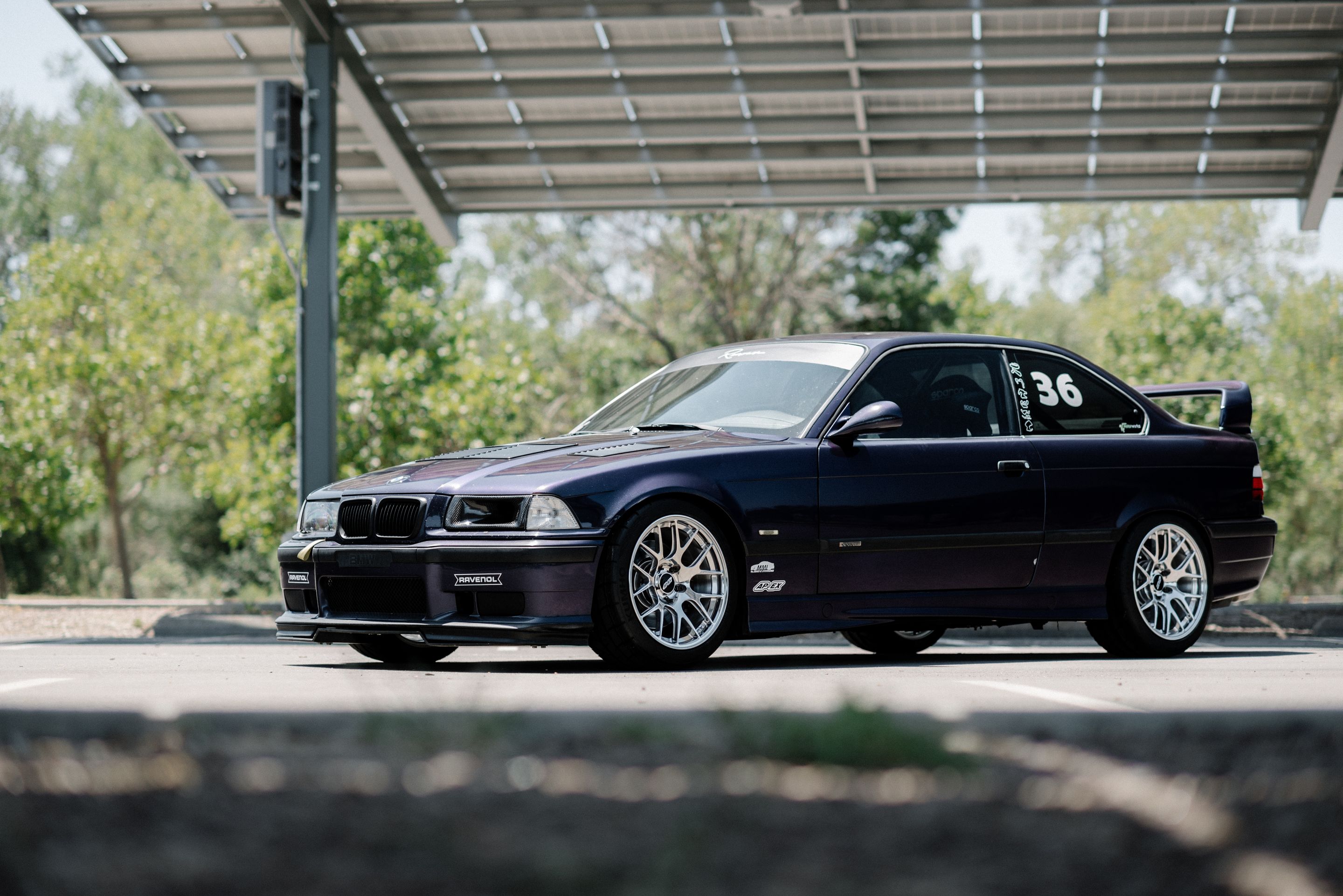 Purple BMW E36 M3 with 17" EC-7R Apex wheels in Polished