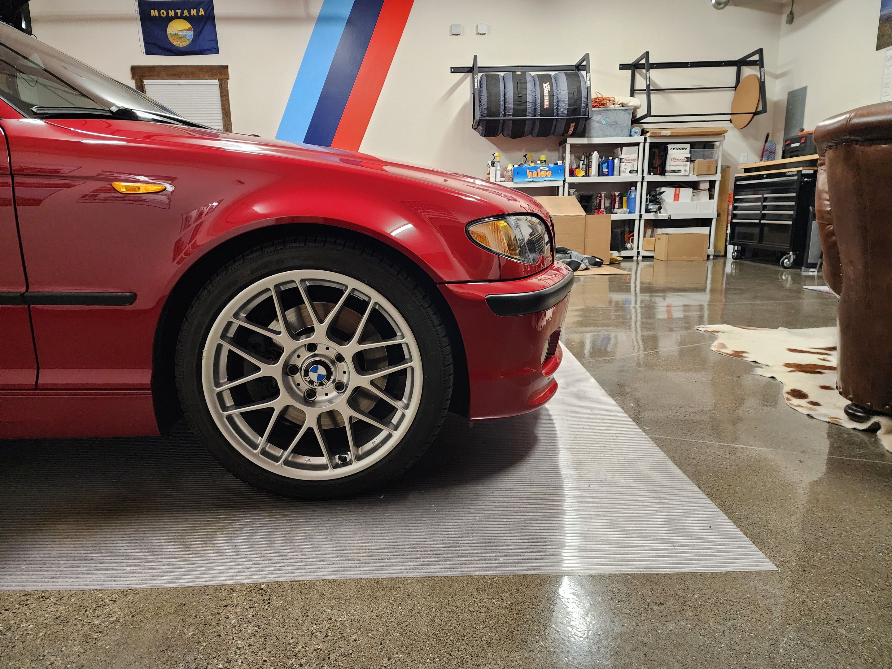 Red BMW E46 3 Series with 18" ARC-8 Apex wheels in Race Silver