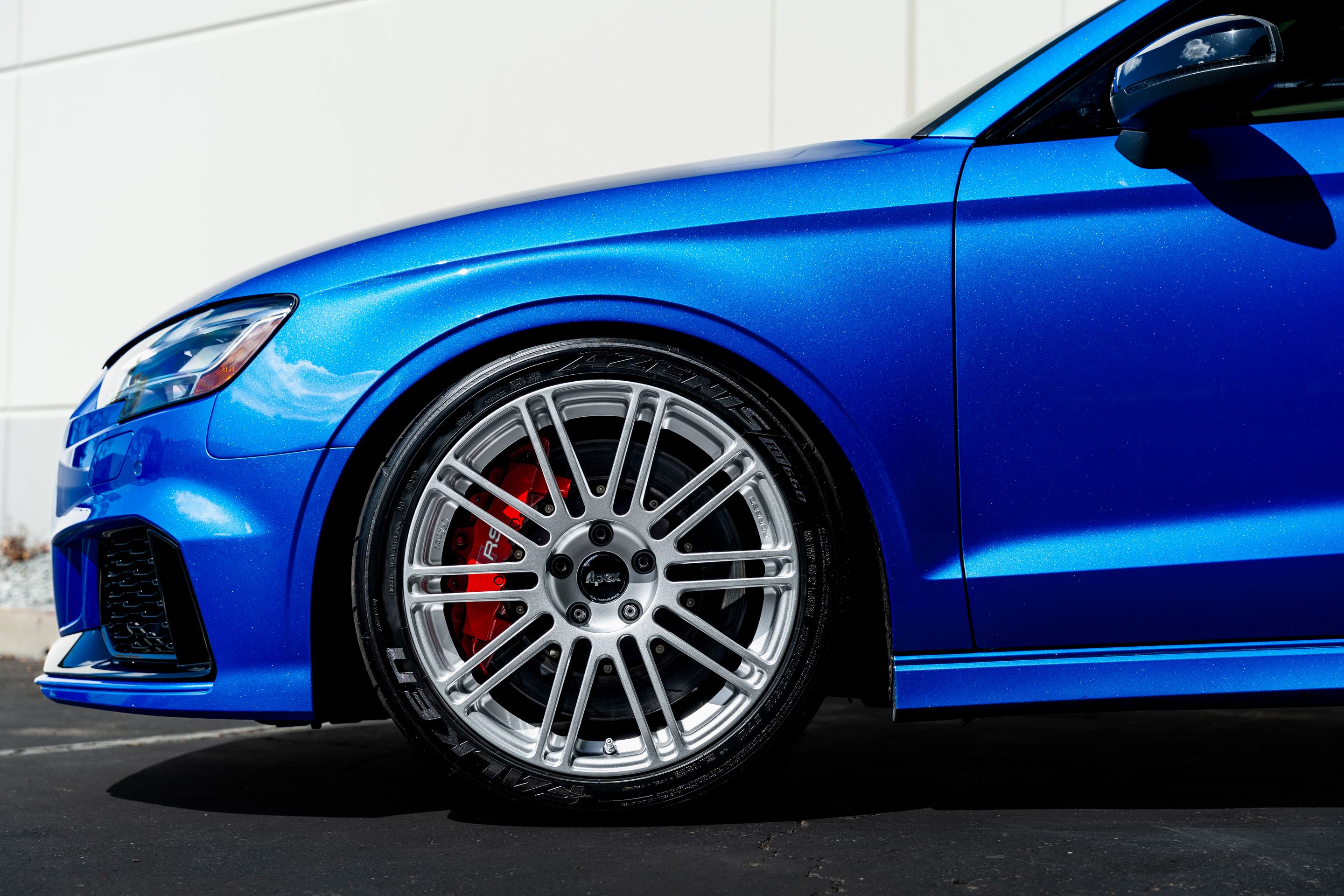 Blue Audi 8V RS 3 with 18" TC-10RT Apex wheels in Race Silver