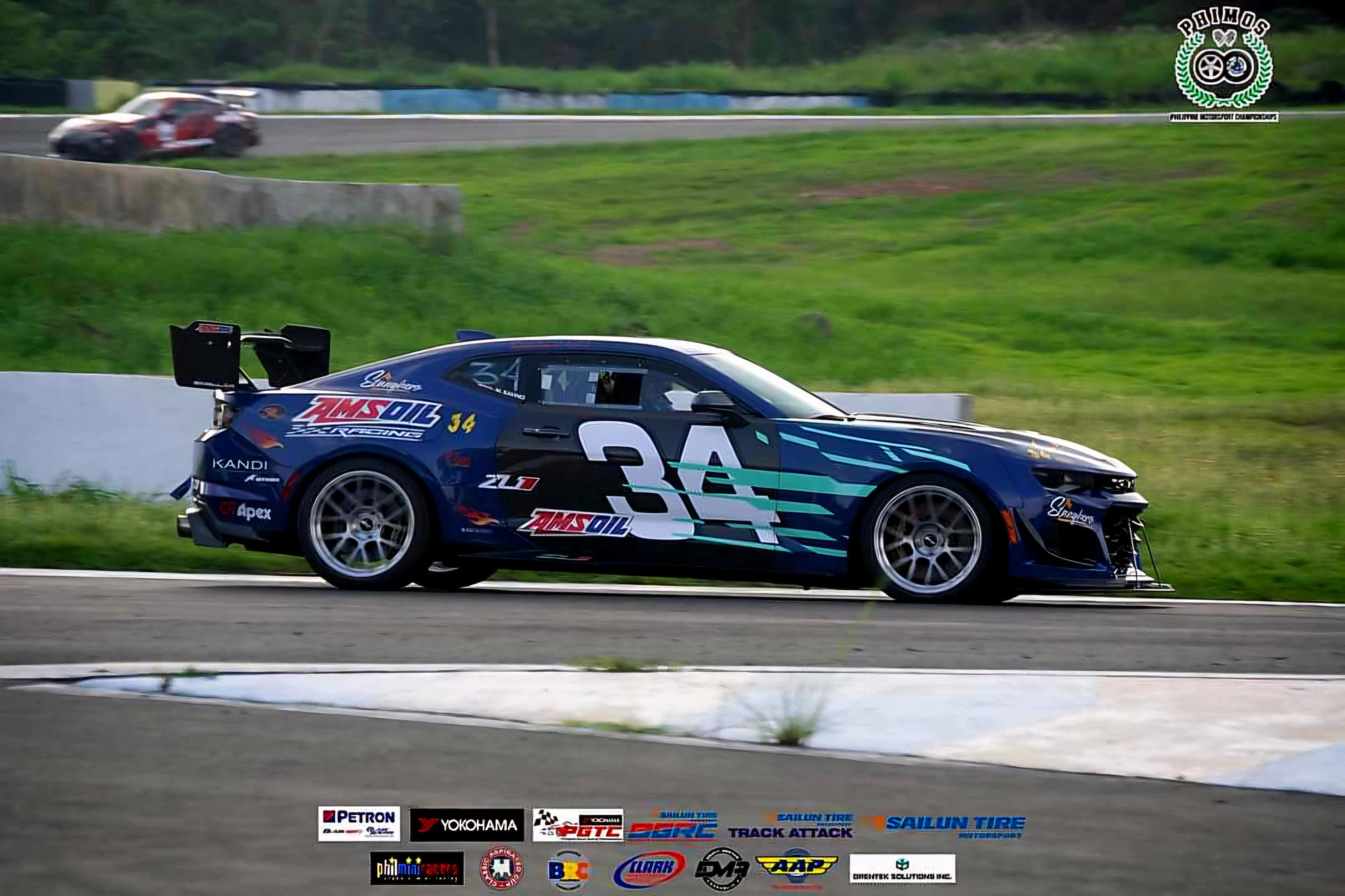 Blue Chevrolet 6th Gen Camaro ZL1 with 19" EC-7RS Apex wheels in Brushed Clear