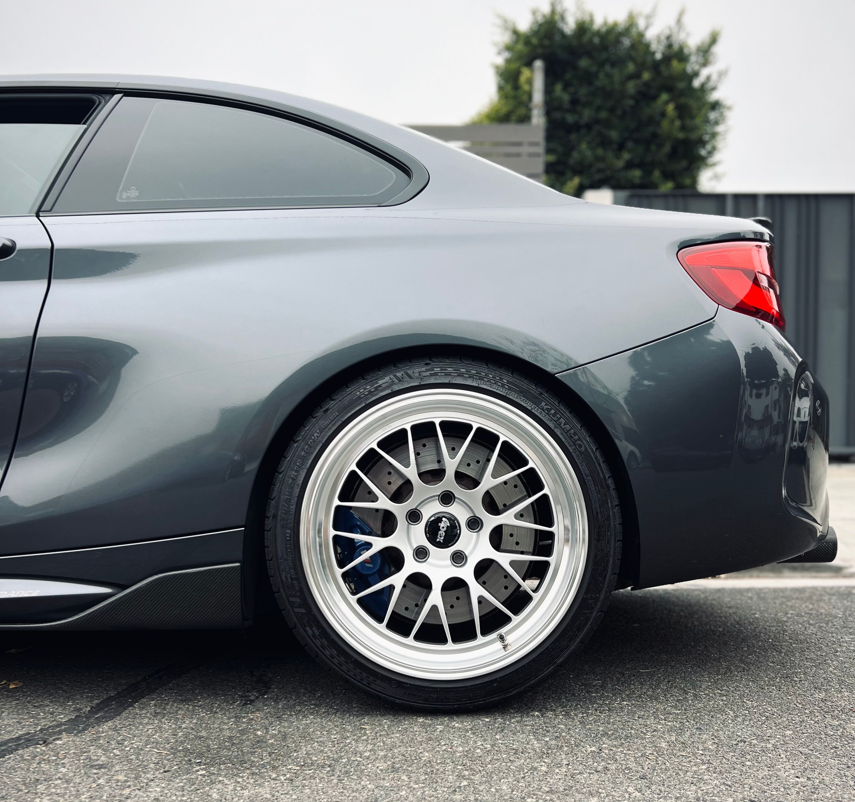 Grey BMW F87 M2 with 19" ML-10RT Apex wheels in Machined Lip Race Silver