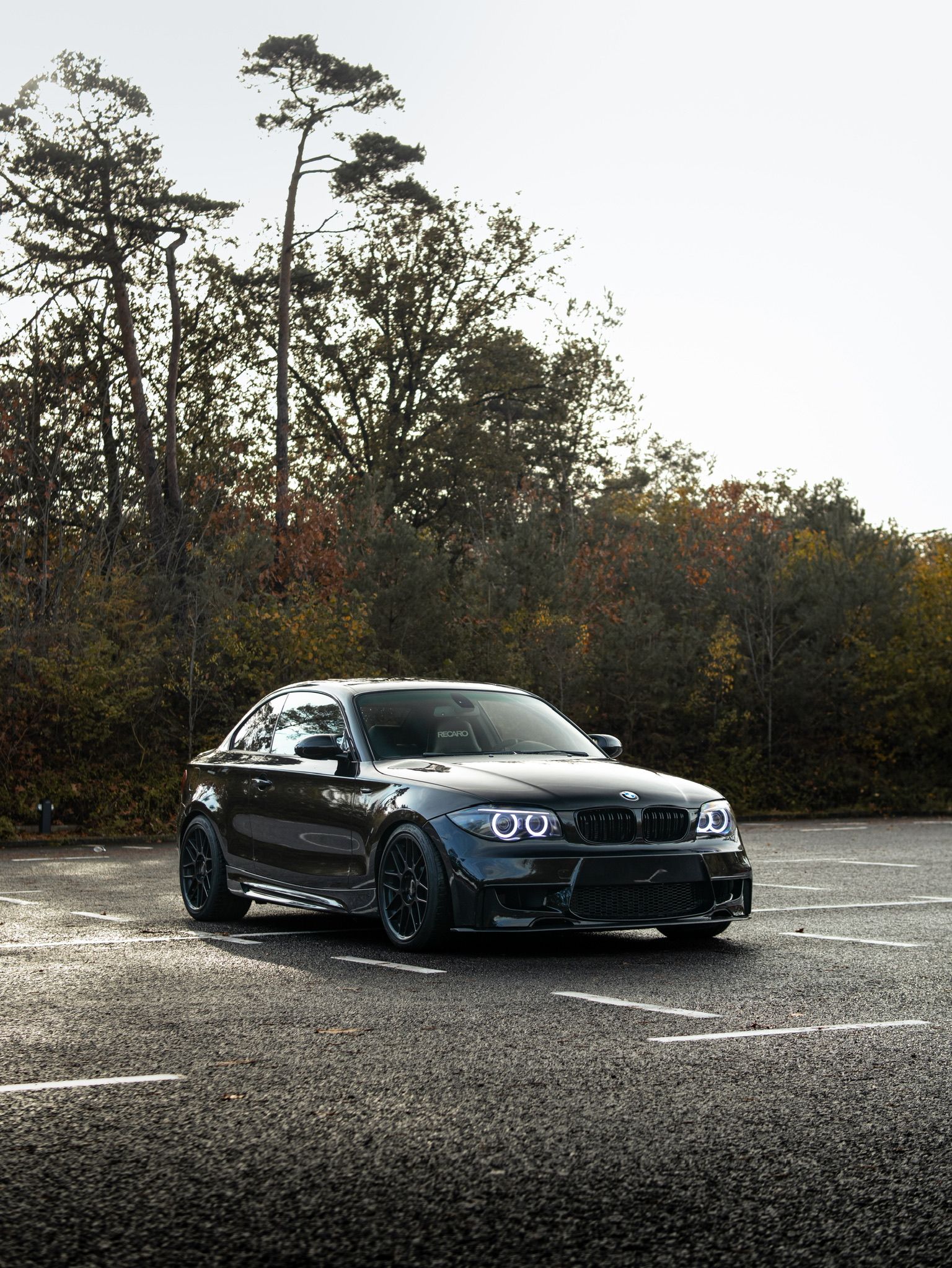 Black BMW E82 Coupe 1 Series with 18" ARC-8 Apex wheels in Satin Black