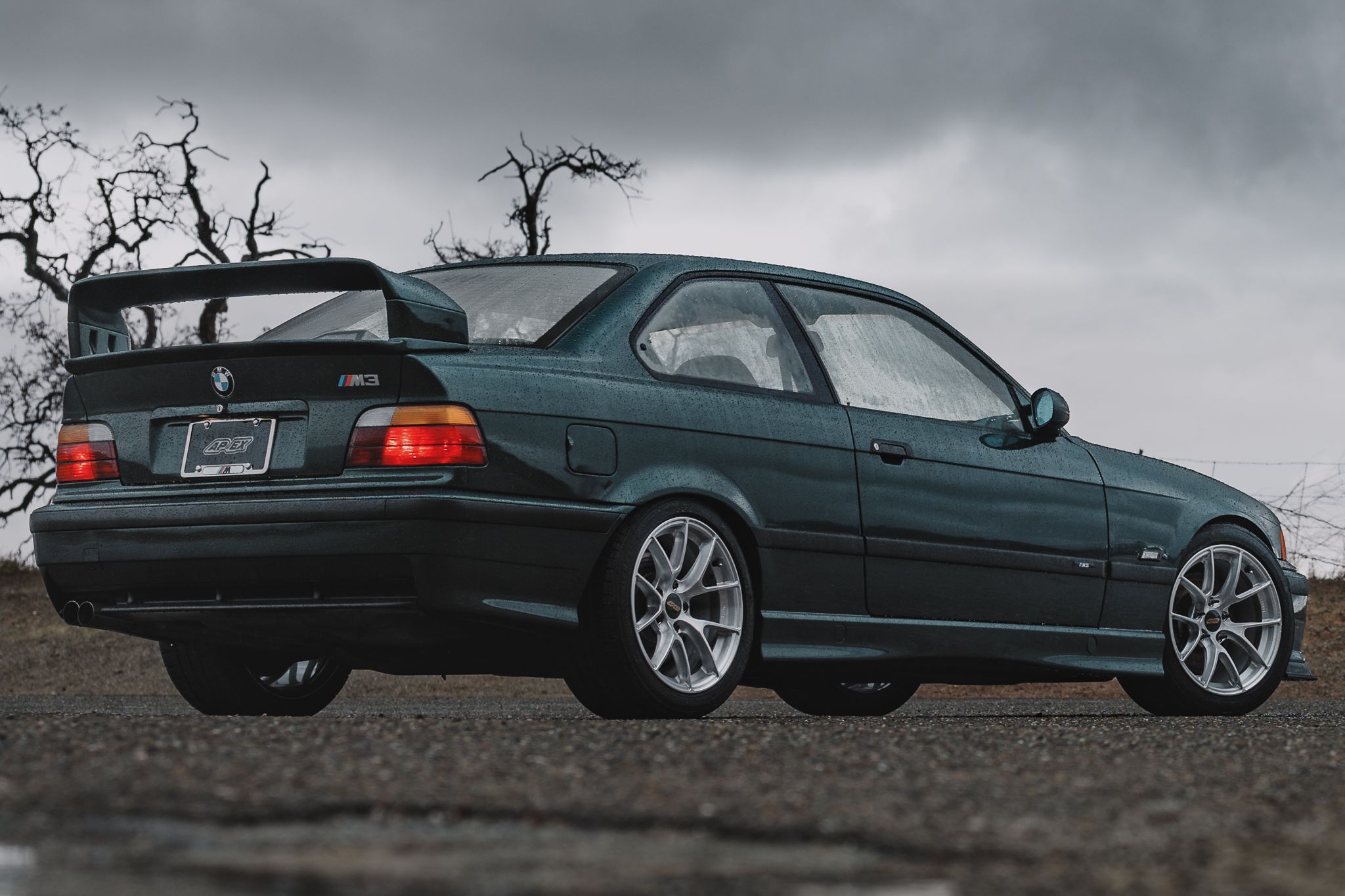 Green BMW E36 M3 with 17" VS-5RS Apex wheels in Brushed Clear