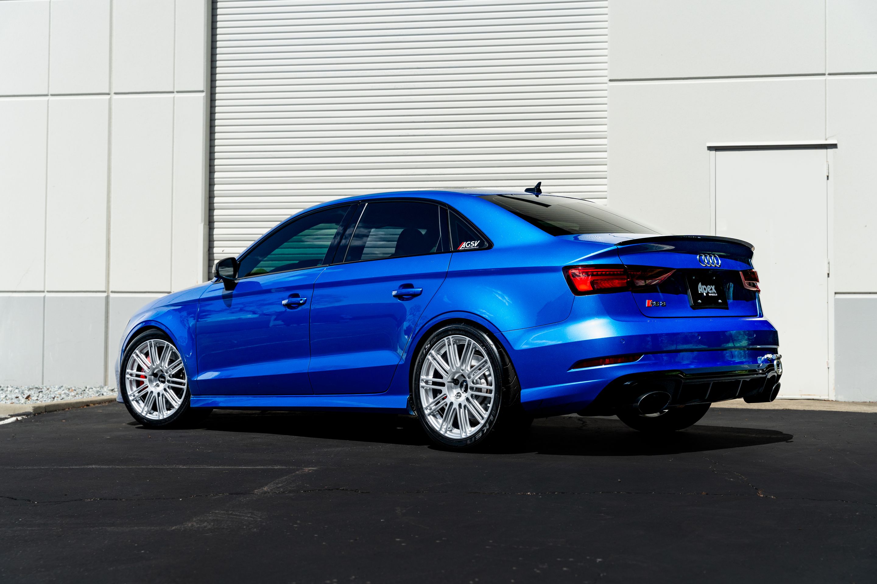 Blue Audi 8V RS 3 with 18" TC-10RT Apex wheels in Race Silver