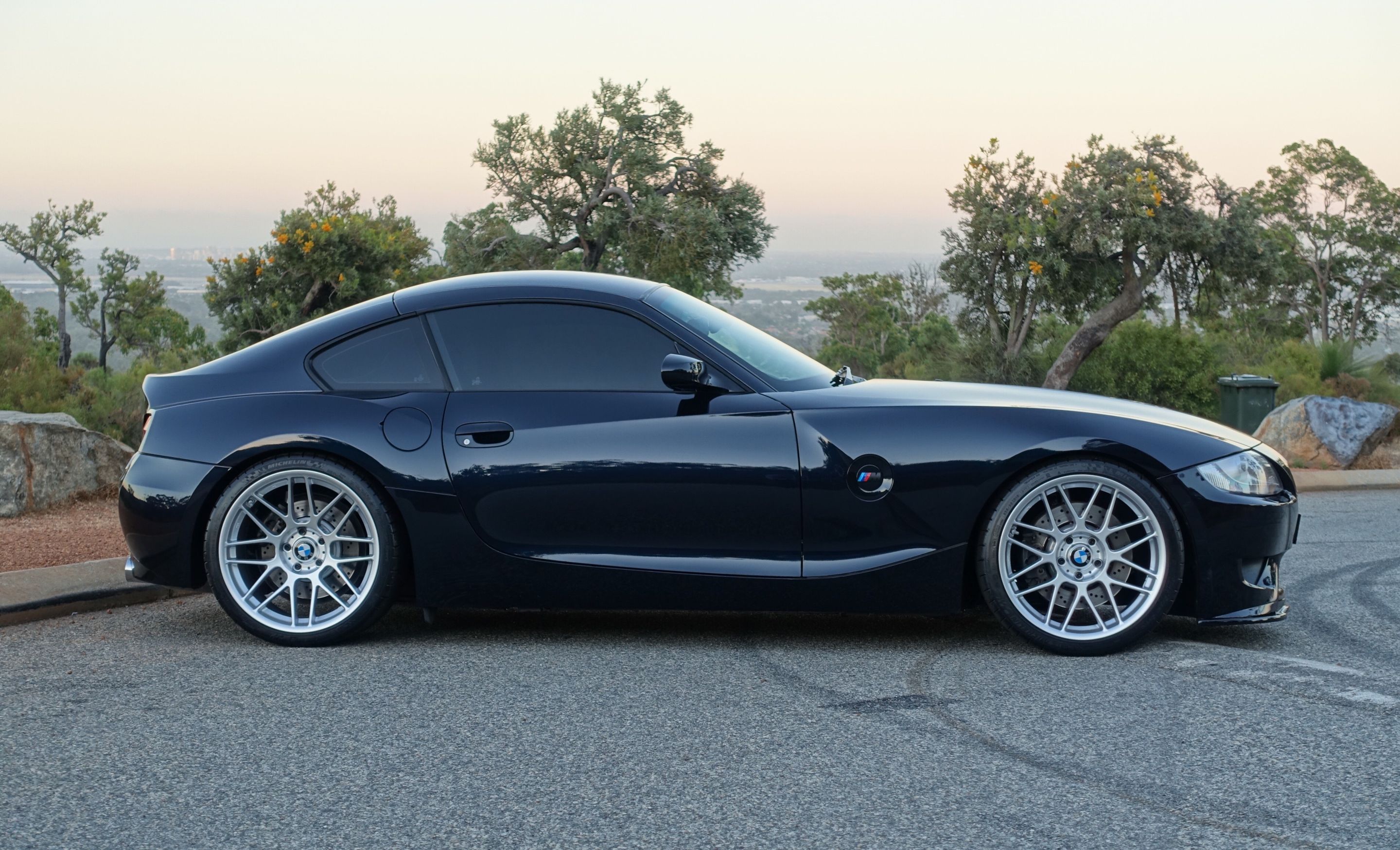 Black BMW E86 Coupe Z4 M with 19" ARC-8 Apex wheels in Race Silver