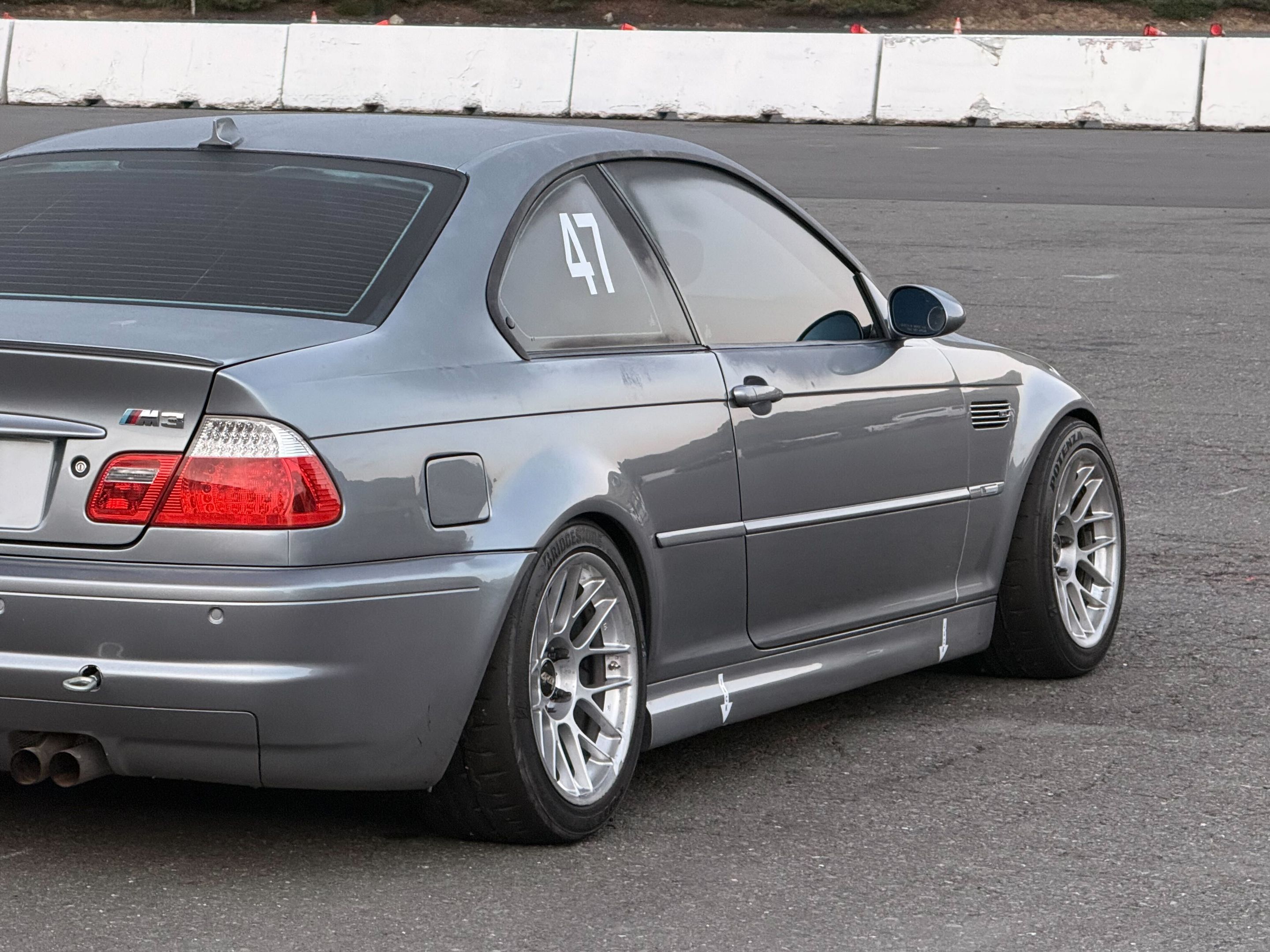 Silver BMW E46 M3 with 17" ARC-8 Apex wheels in Race Silver