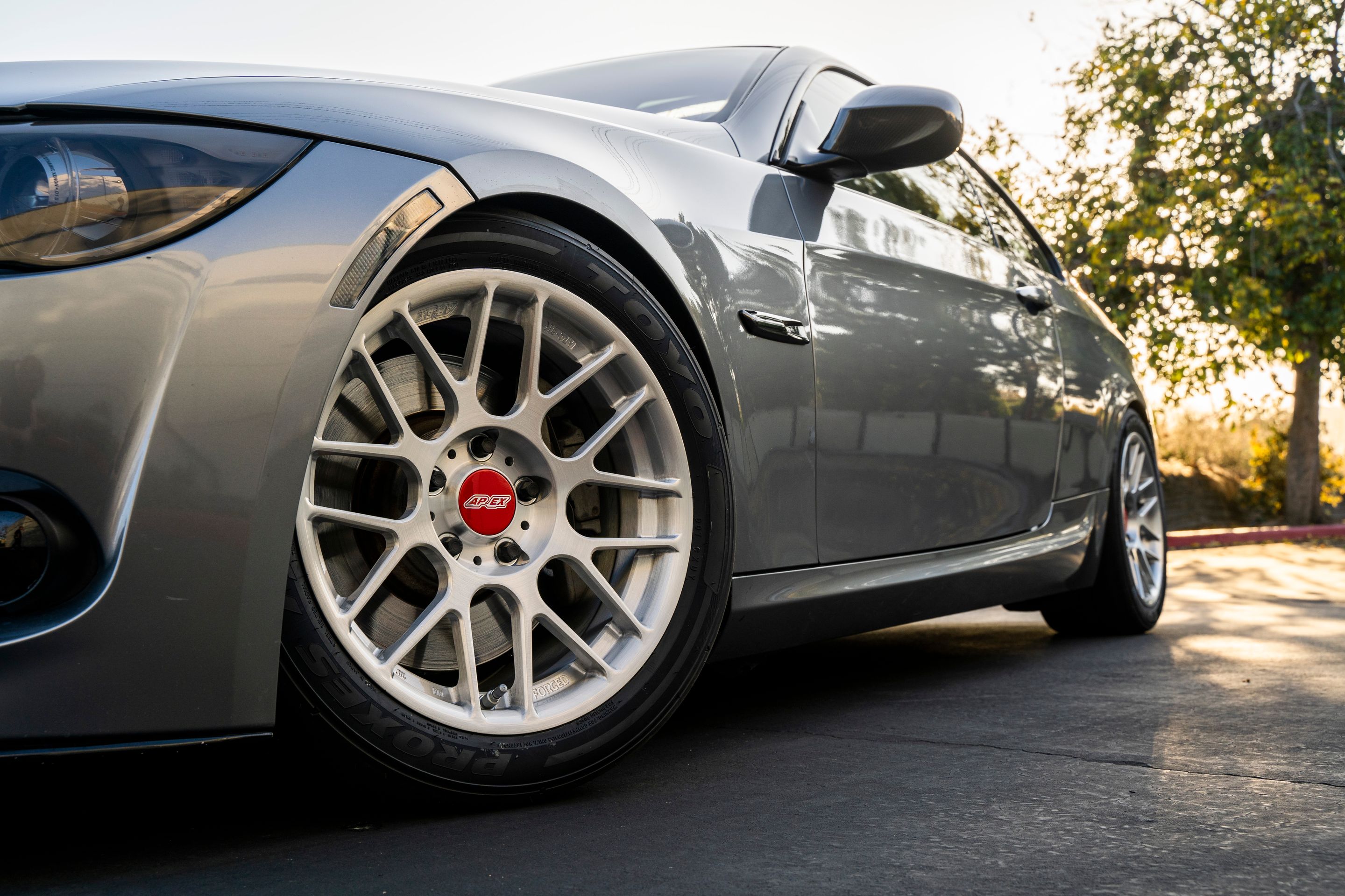 Grey BMW E92 Coupe 3 Series with 17" ARC-8R Apex wheels in Brushed Clear