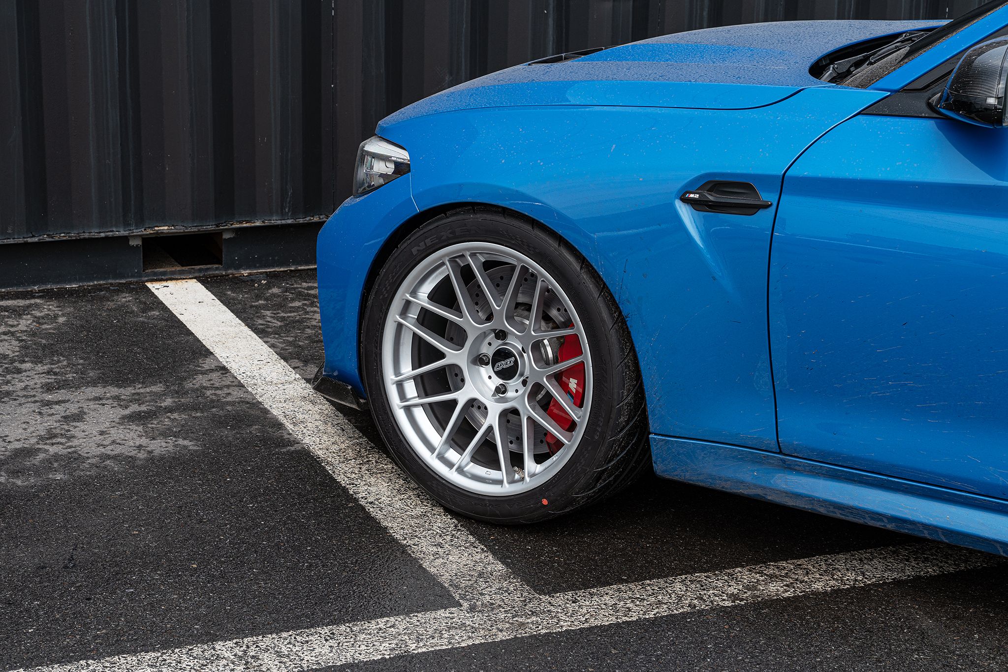 Blue BMW F87 M2 with 19" ARC-8 Apex wheels in Hyper Silver