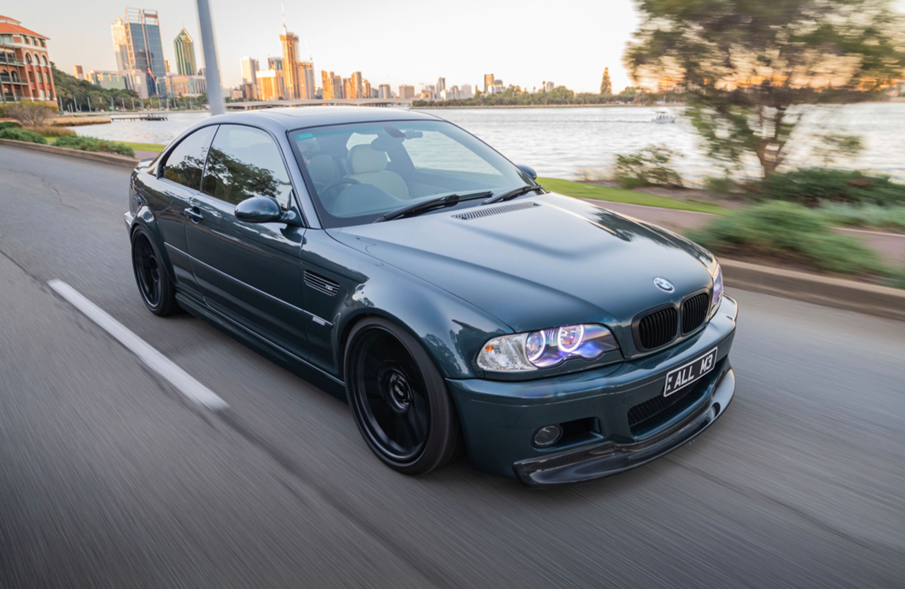 Blue BMW E46 M3 with 19" ARC-8 Apex wheels in Satin Black