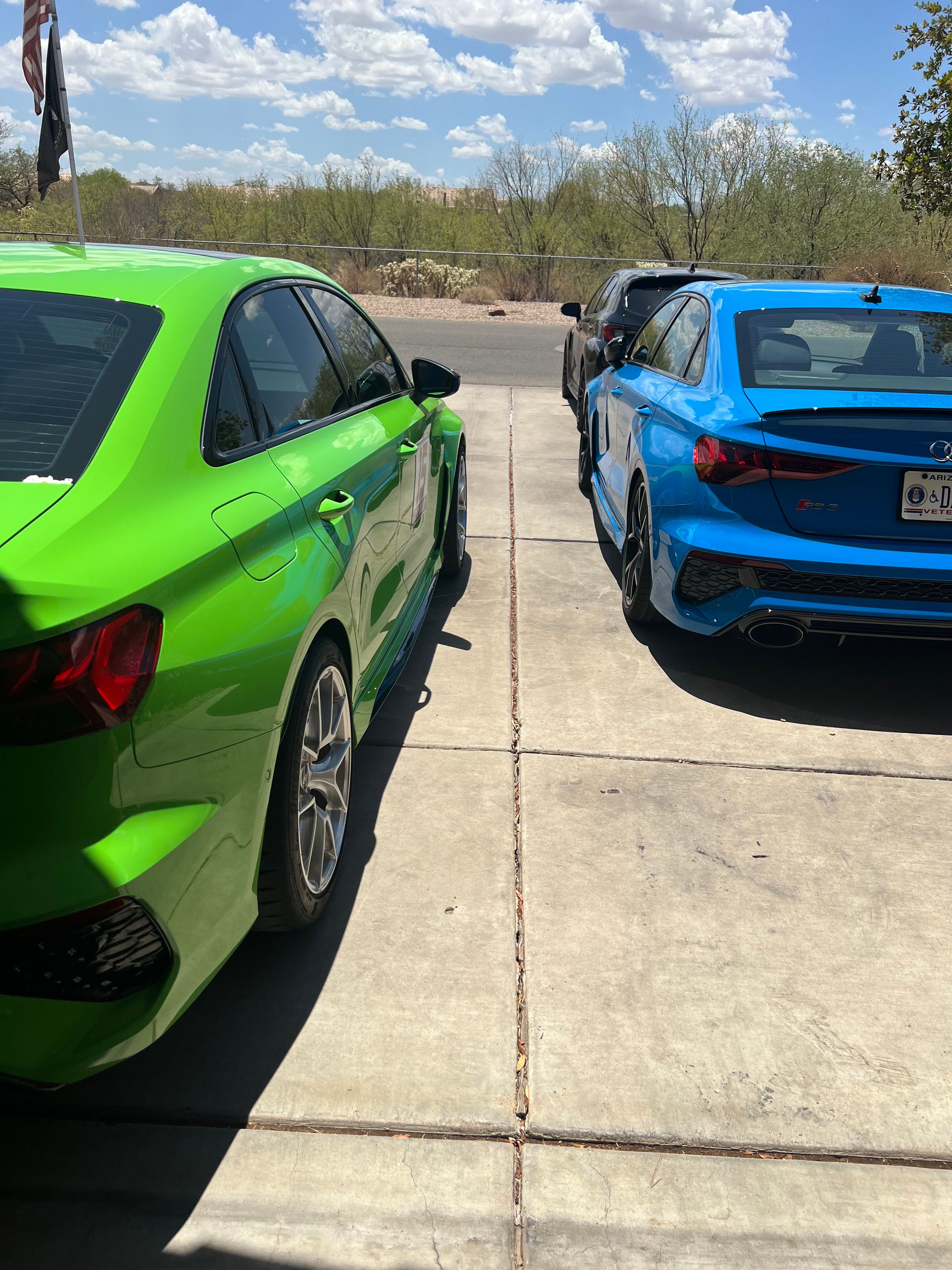 Green Audi 8Y RS 3 with 18" VS-5RS Apex wheels in Brushed Clear