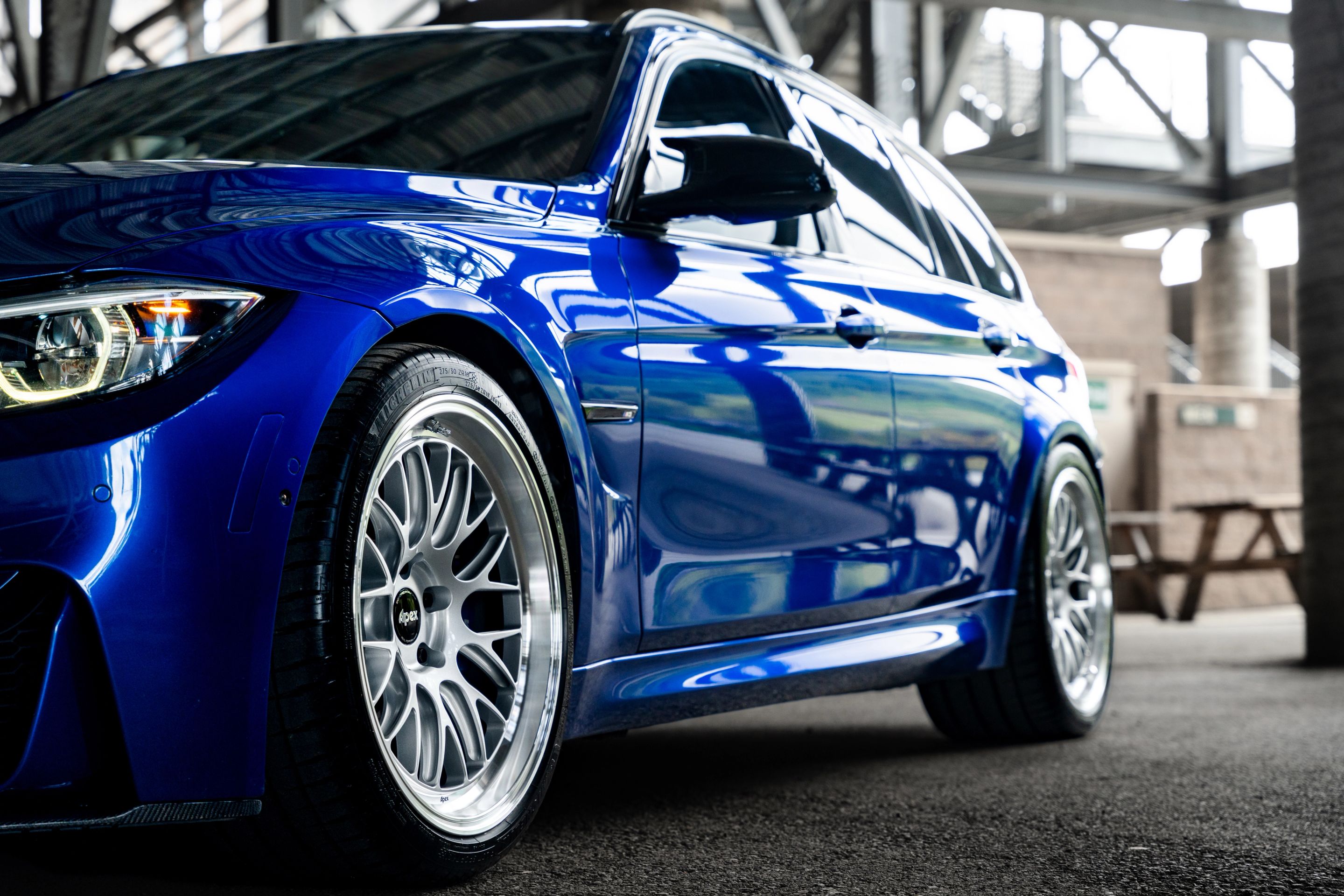 Blue BMW F80 M3 with 19" ML-10RT Apex wheels in Machined Lip Race Silver