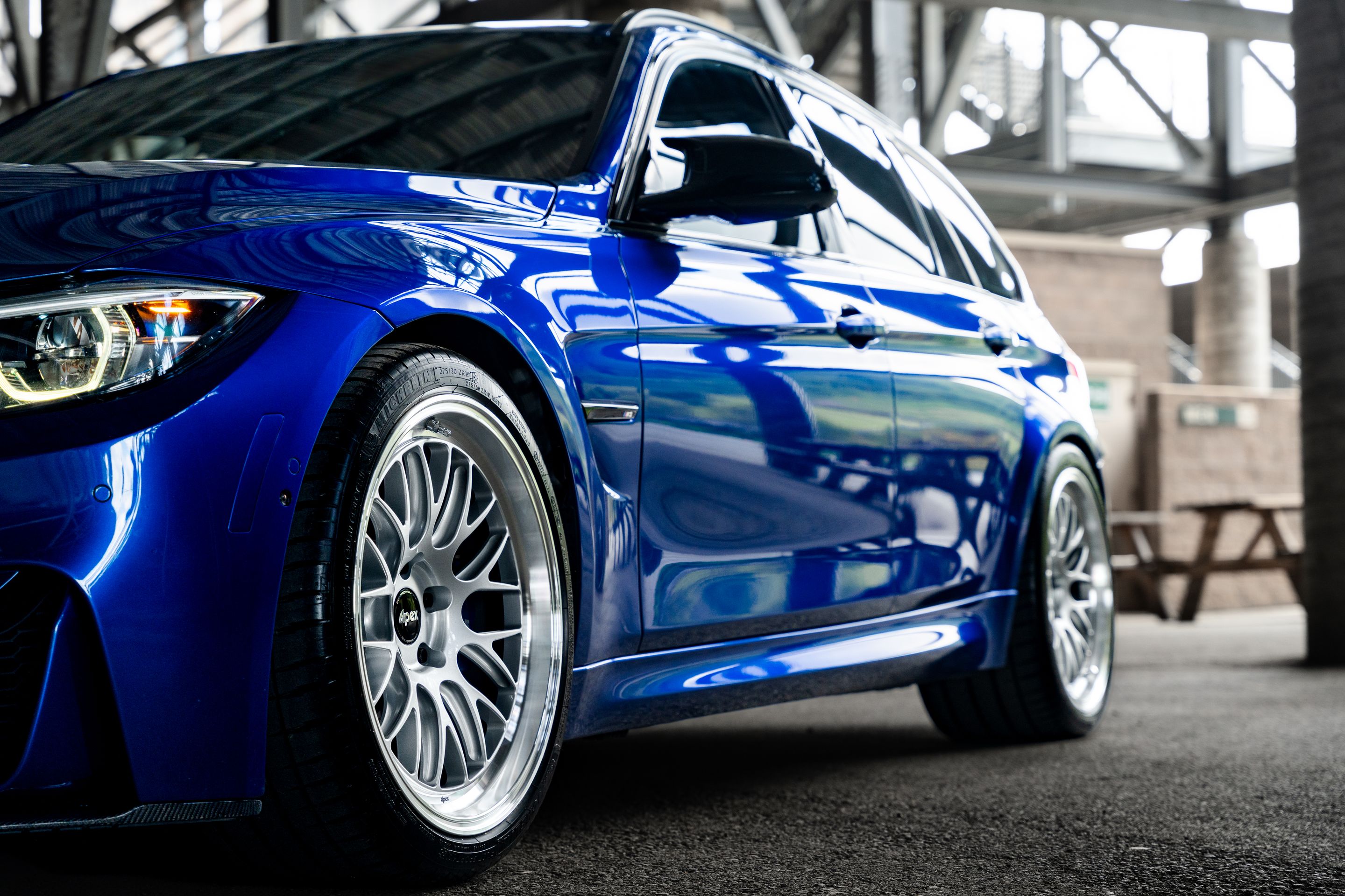 Blue BMW F80 M3 with 19" ML-10RT Apex wheels in Machined Lip Race Silver