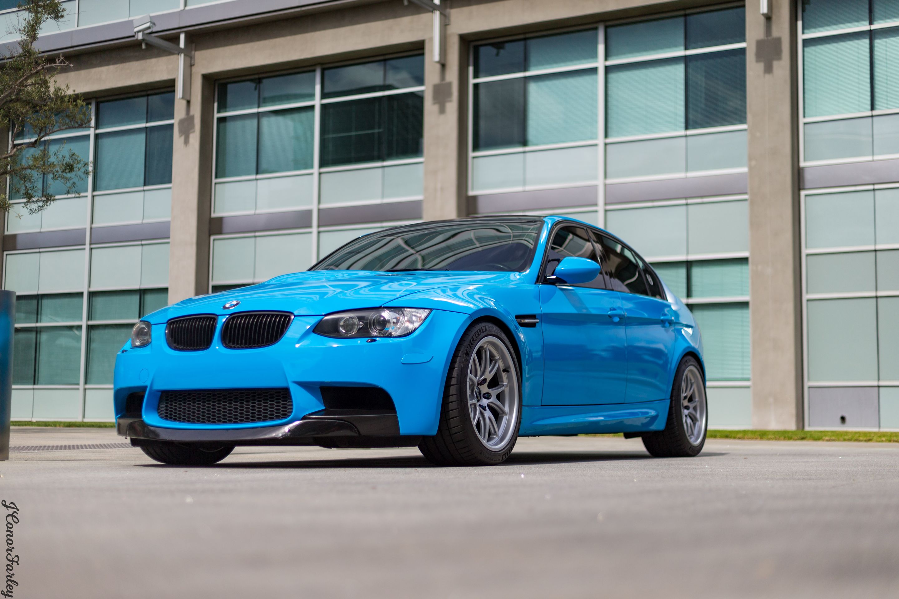 Blue BMW E90 Sedan M3 with 18" FL-5 Apex wheels in Race Silver