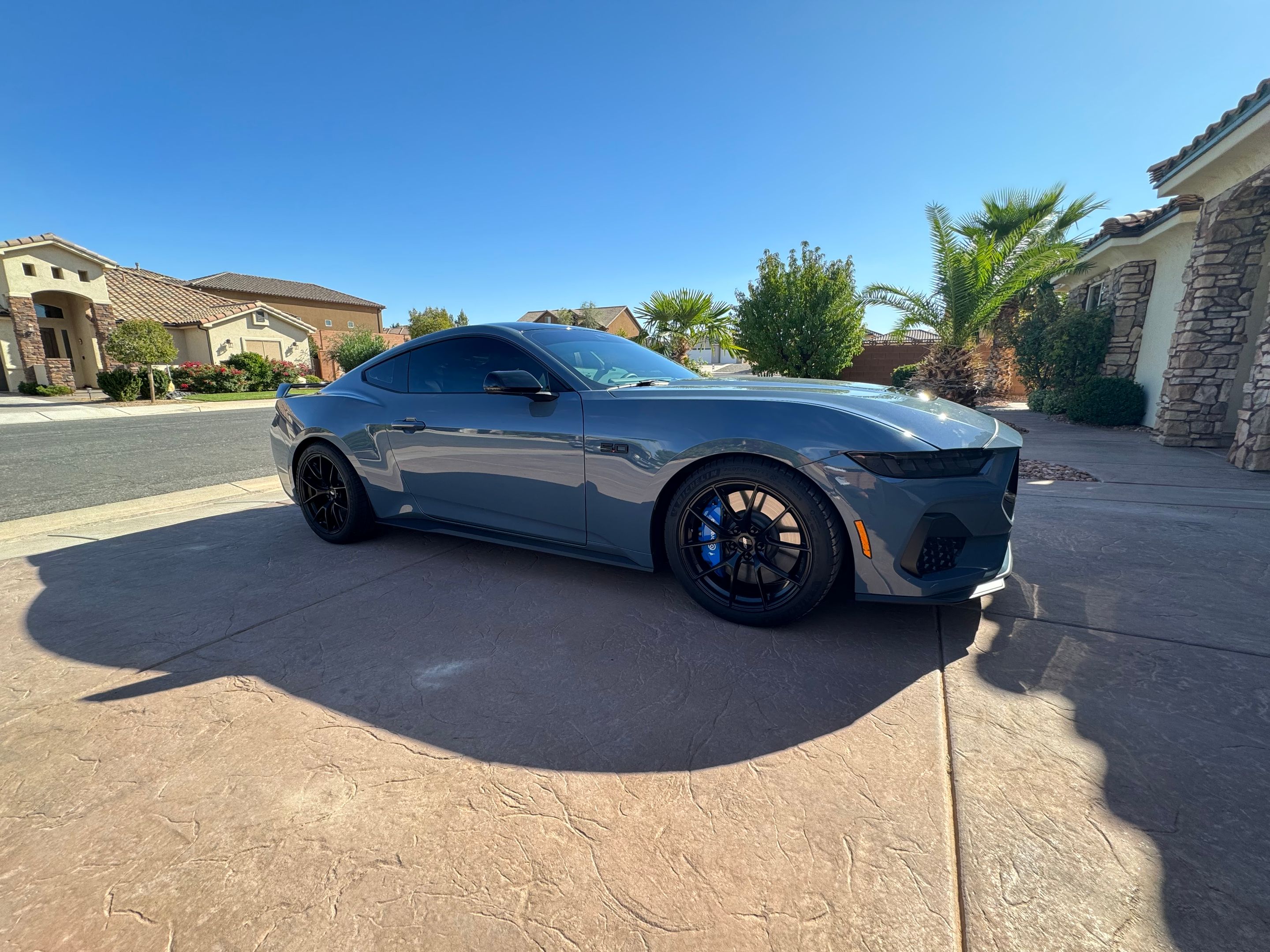 Blue Ford S650 Mustang GT with 19" VS-5RS Apex wheels in Satin Black