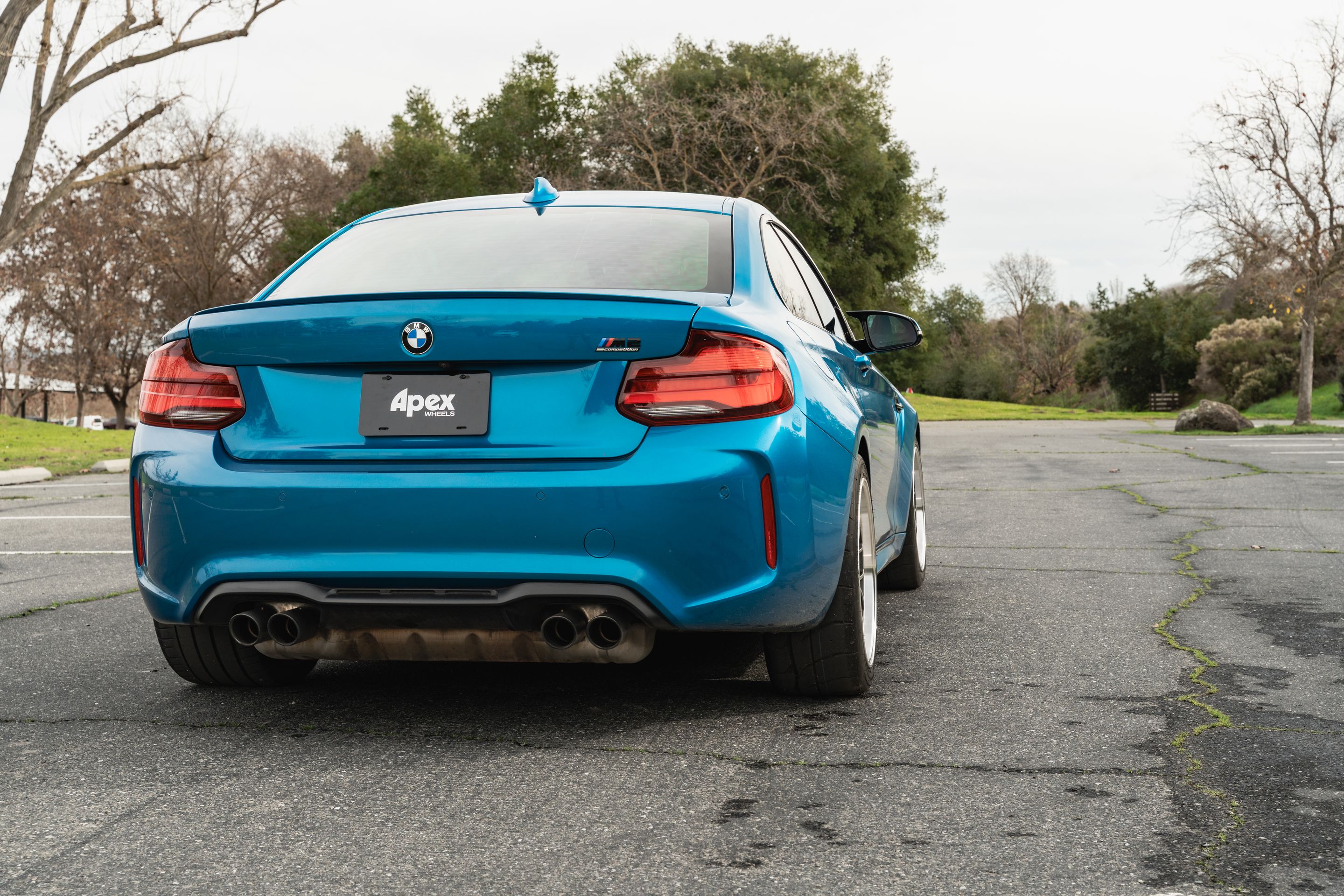 Blue BMW F87 M2 with 18" ML-7RT Apex wheels in Machined Lip Anthracite
