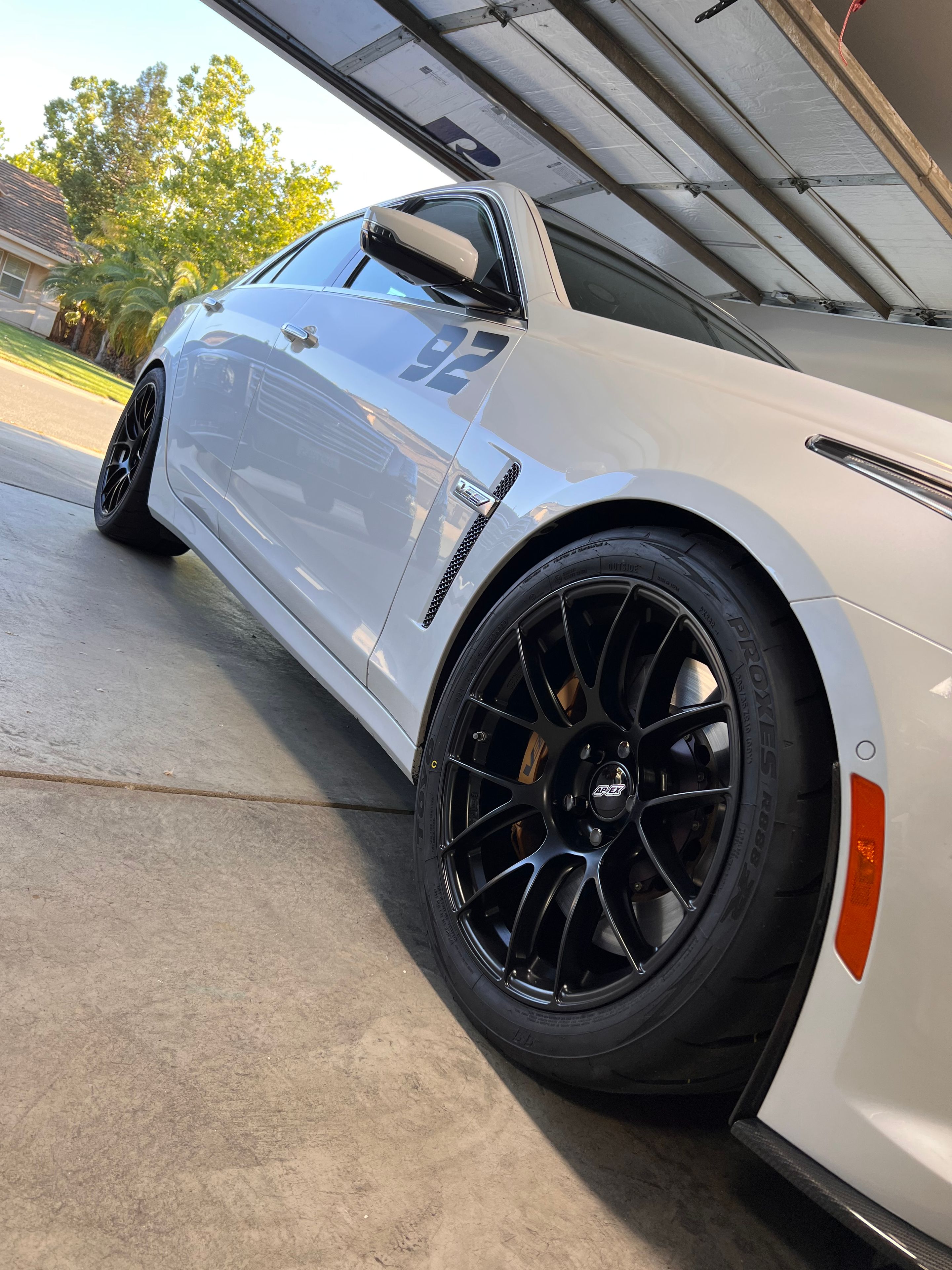 White Cadillac Gen 3 CTS-V with 19" EC-7RS Apex wheels in Satin Black