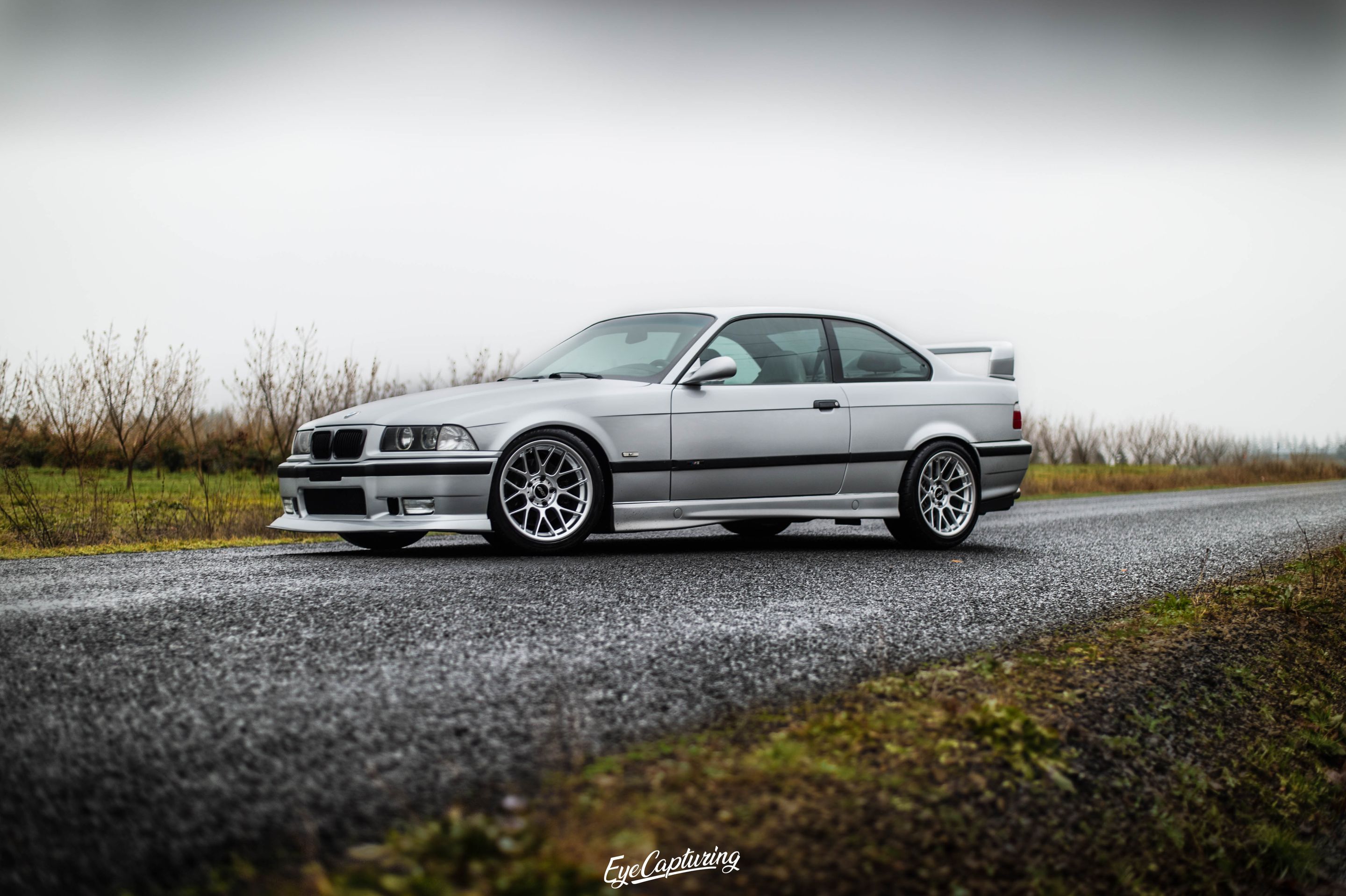 Silver BMW E36 M3 with 17" ARC-8 Apex wheels in Hyper Silver