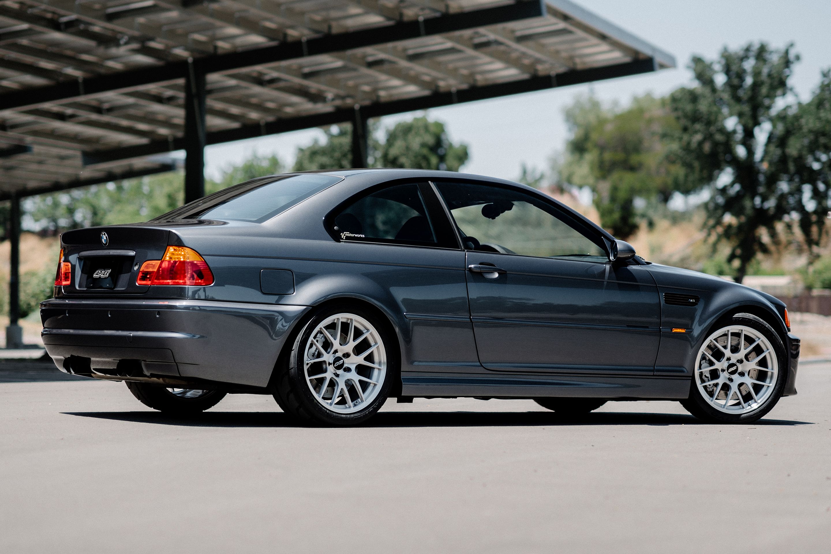 Grey BMW E46 M3 with 18" EC-7R Apex wheels in Brushed Clear