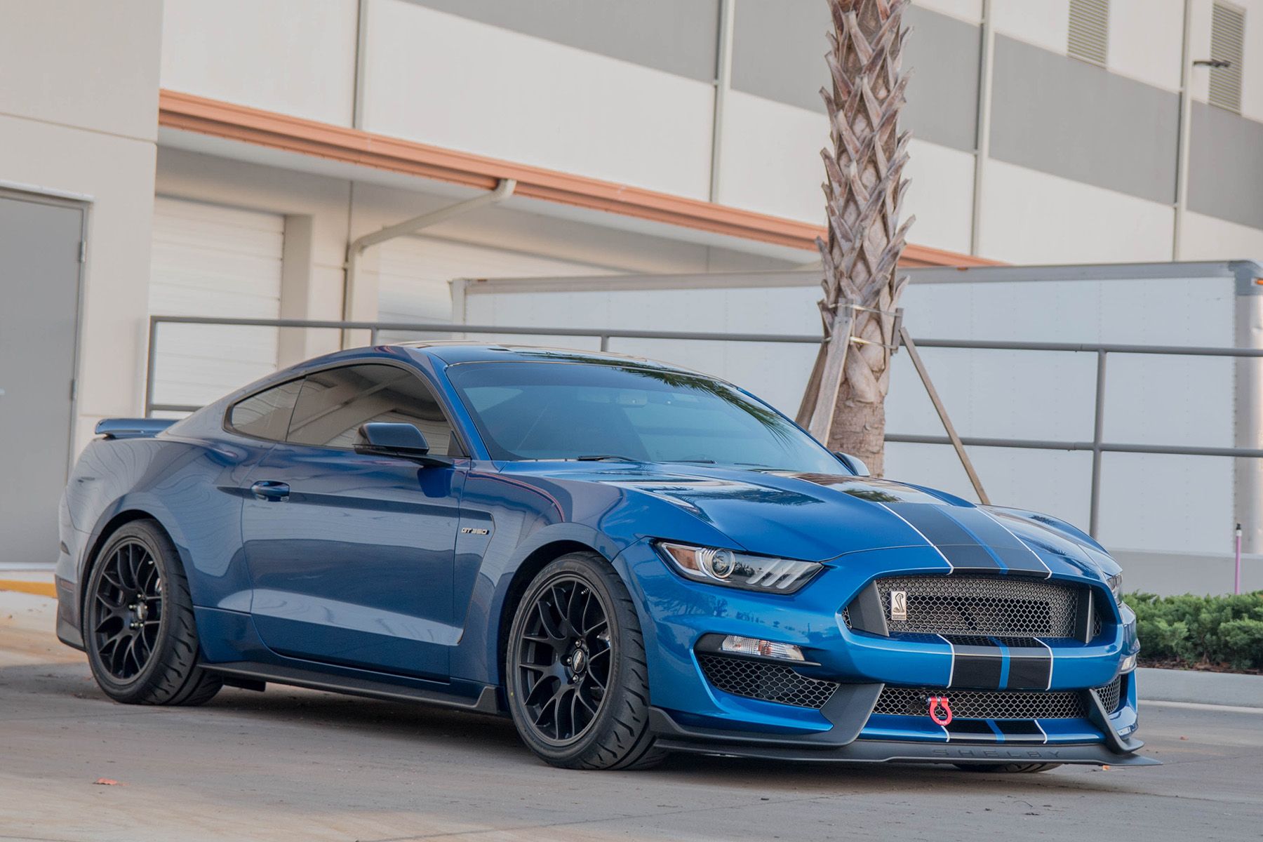 Blue Ford S550 Mustang GT350 with 19" EC-7 Apex wheels in Satin Black