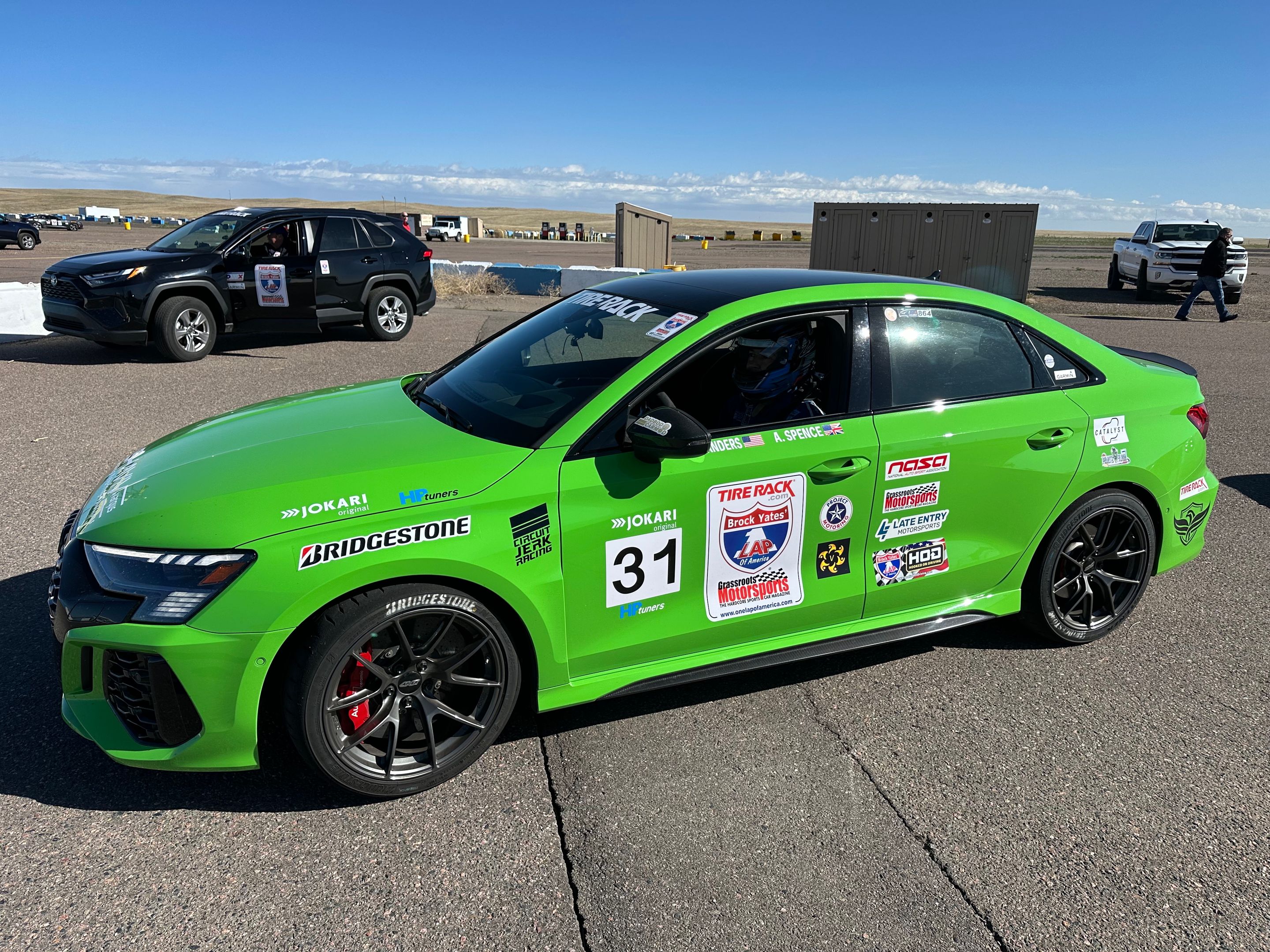Green Audi 8Y RS 3 with 18" VS-5RS Apex wheels in Anthracite