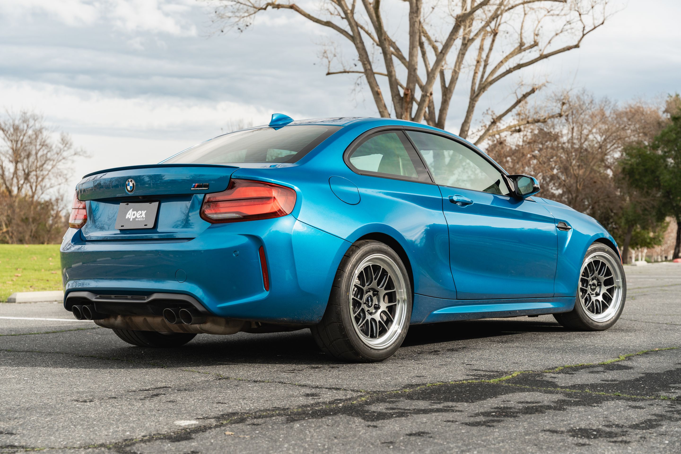 Blue BMW F87 M2 with 18" ML-7RT Apex wheels in Machined Lip Anthracite