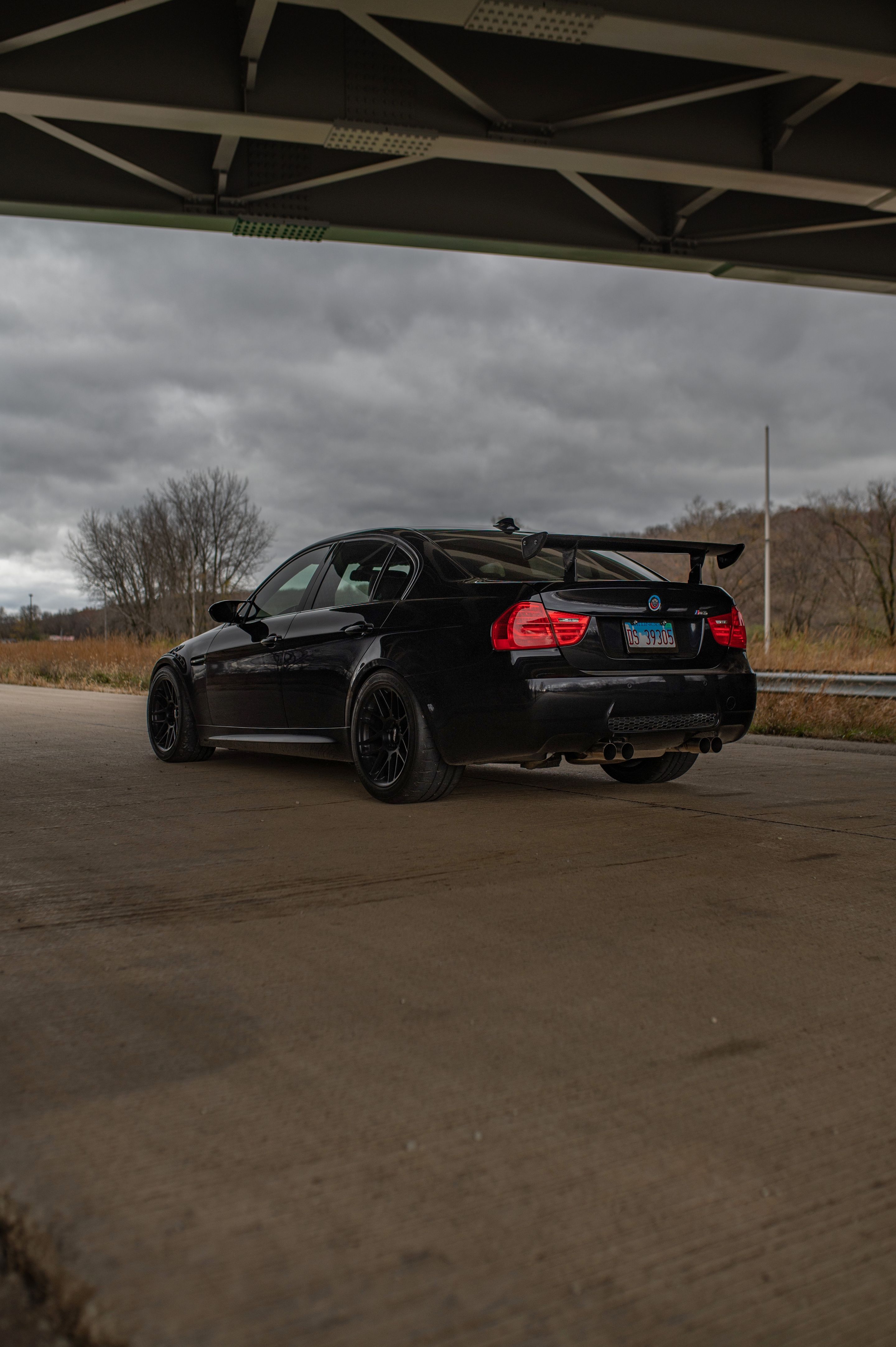 Black BMW E90 Sedan M3 with 18" ARC-8 Apex wheels in Satin Black