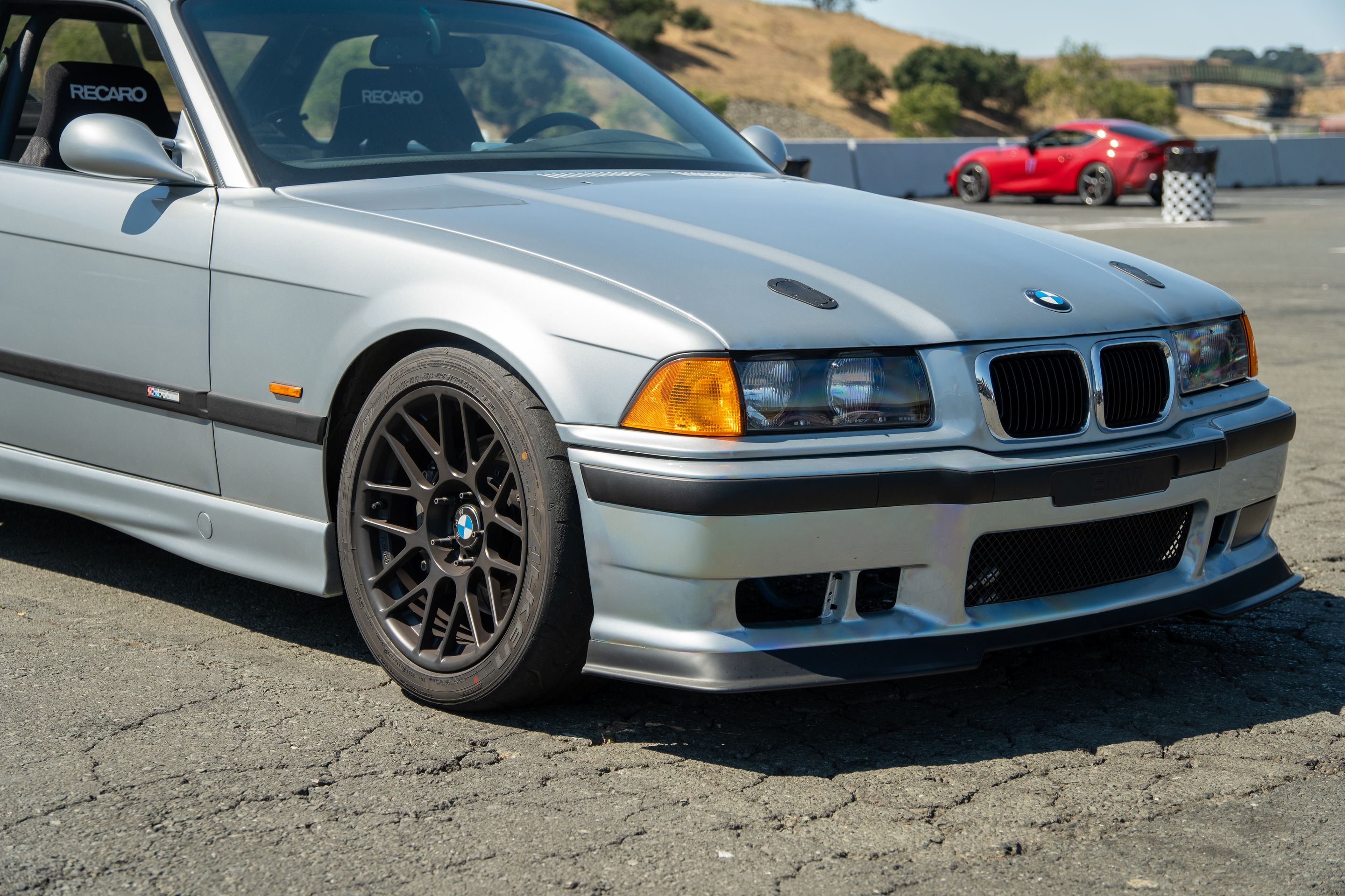 Silver BMW E36 M3 with 17" ARC-8R Apex wheels in Satin Black