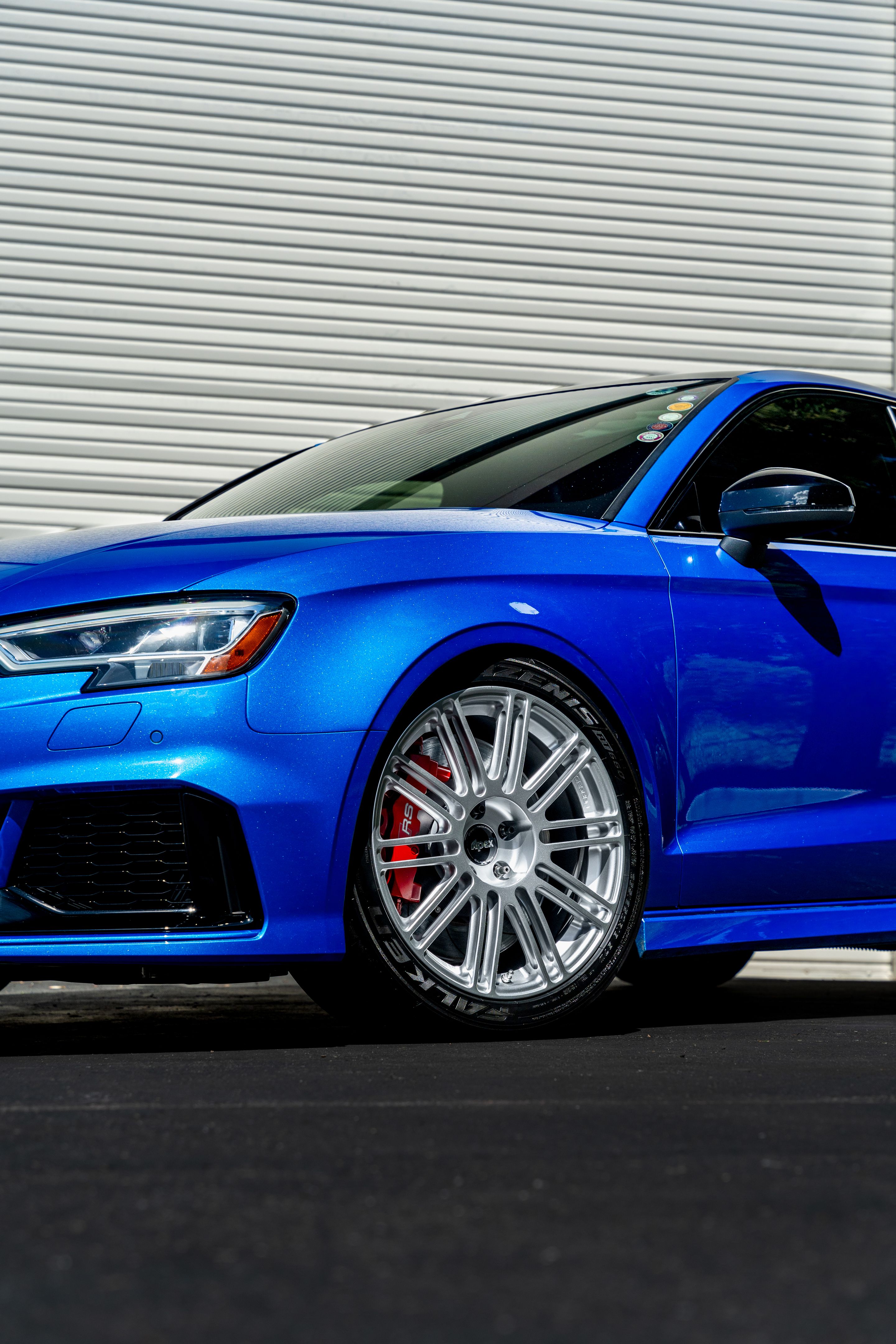 Blue Audi 8V RS 3 with 18" TC-10RT Apex wheels in Race Silver
