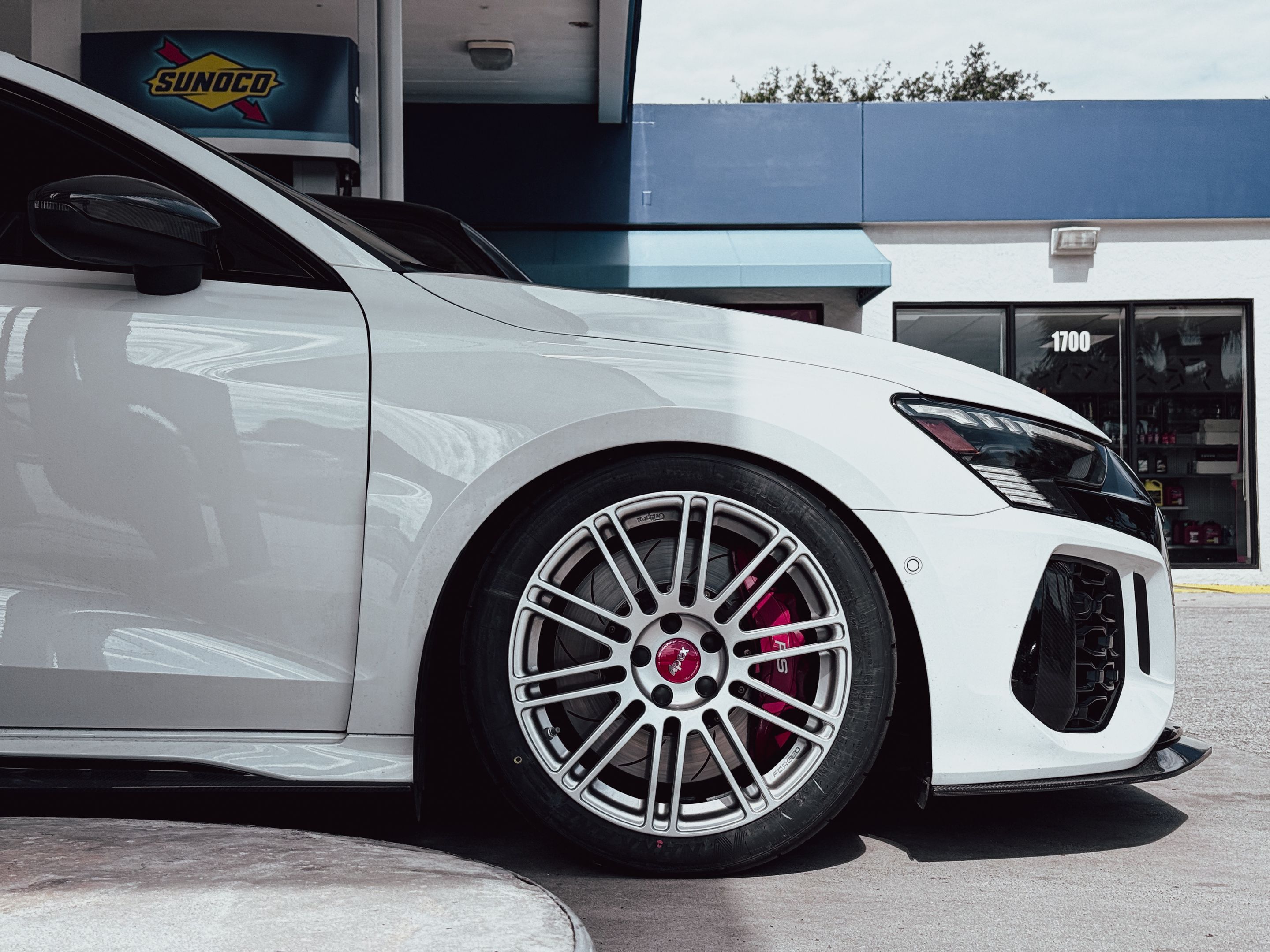 Grey Audi 8Y RS 3 with 18" TC-10RT Apex wheels in Race Silver