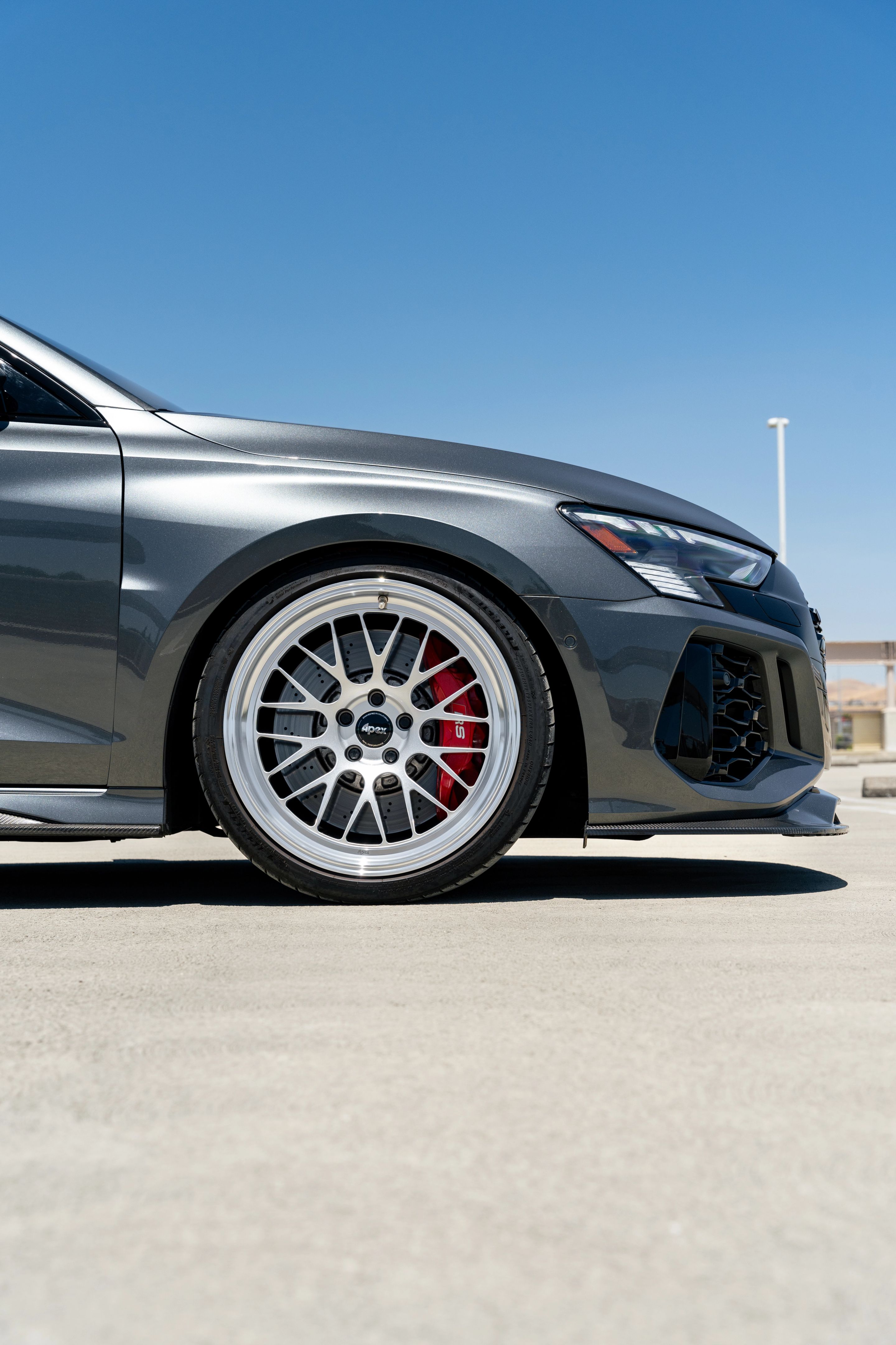 Grey Audi 8Y RS 3 with 19" ML-10RT Apex wheels in Machined Lip Race Silver