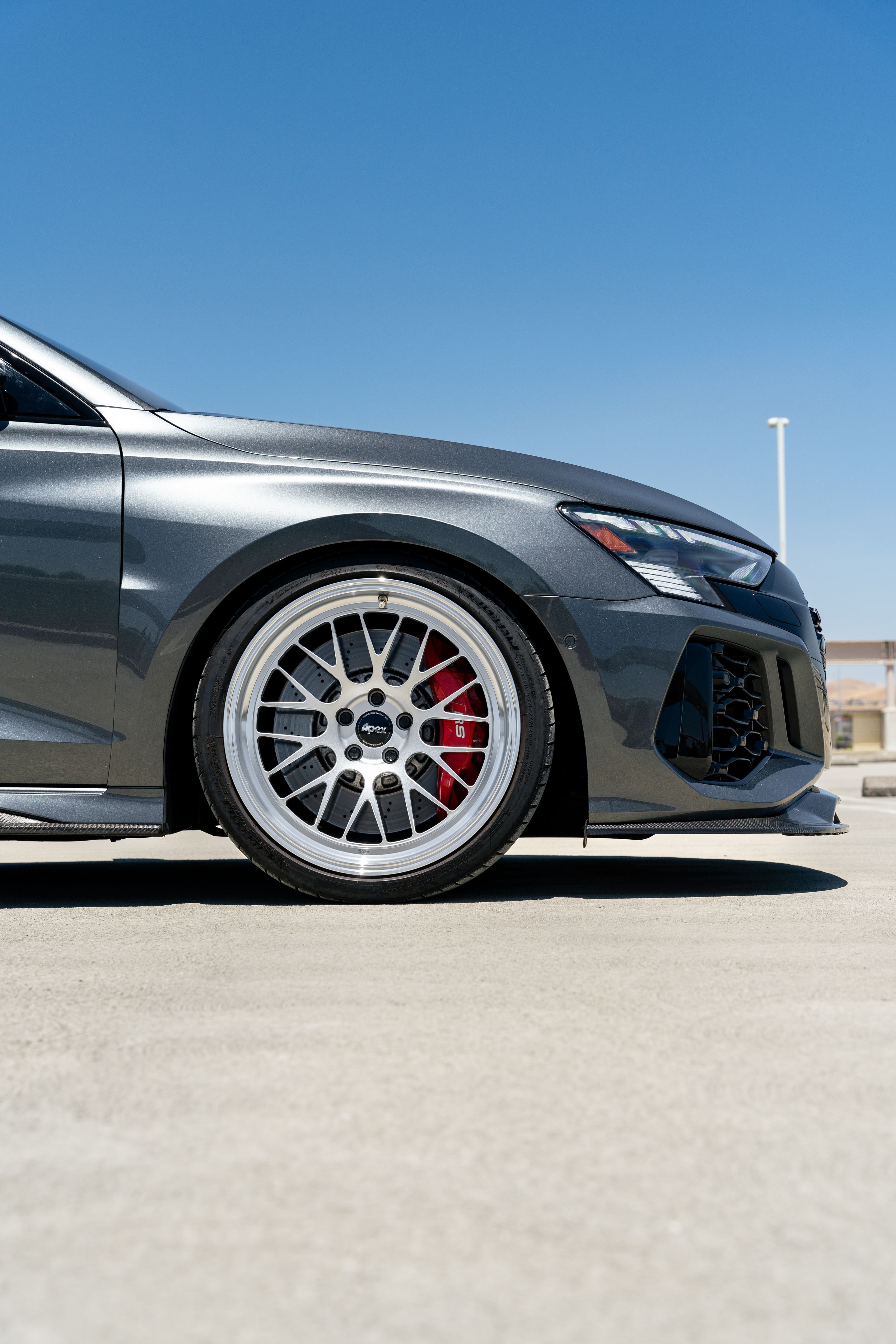 Grey Audi 8Y RS 3 with 19" ML-10RT Apex wheels in Machined Lip Race Silver