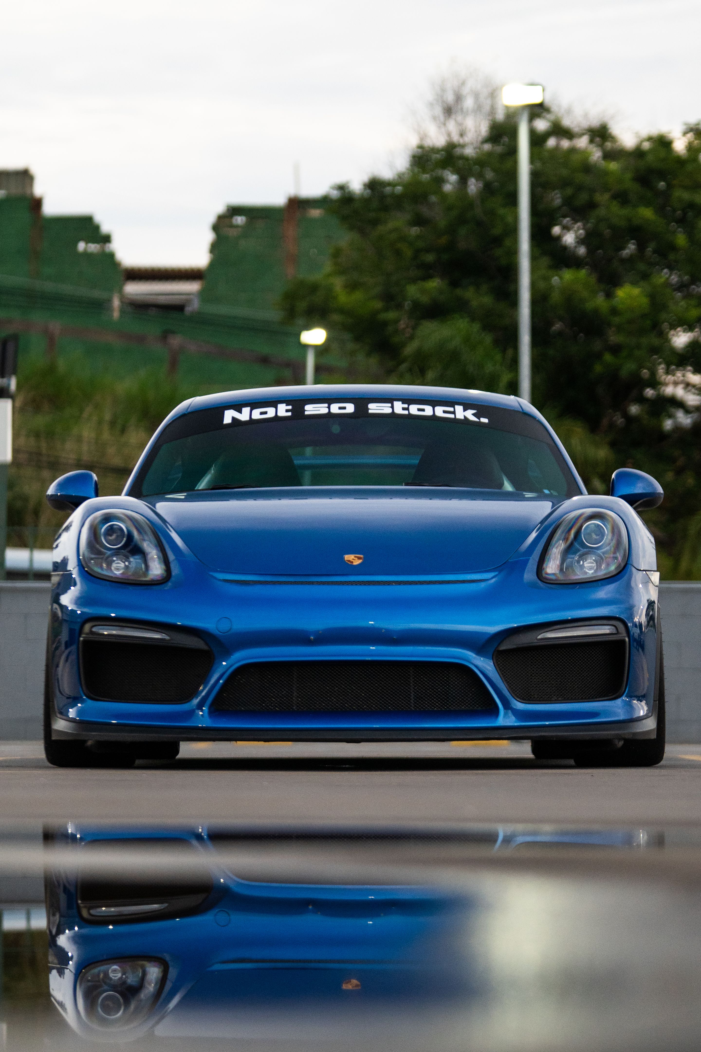 Blue Porsche 981 Cayman GT4 with 18" VS-5RE Apex wheels in Race Silver