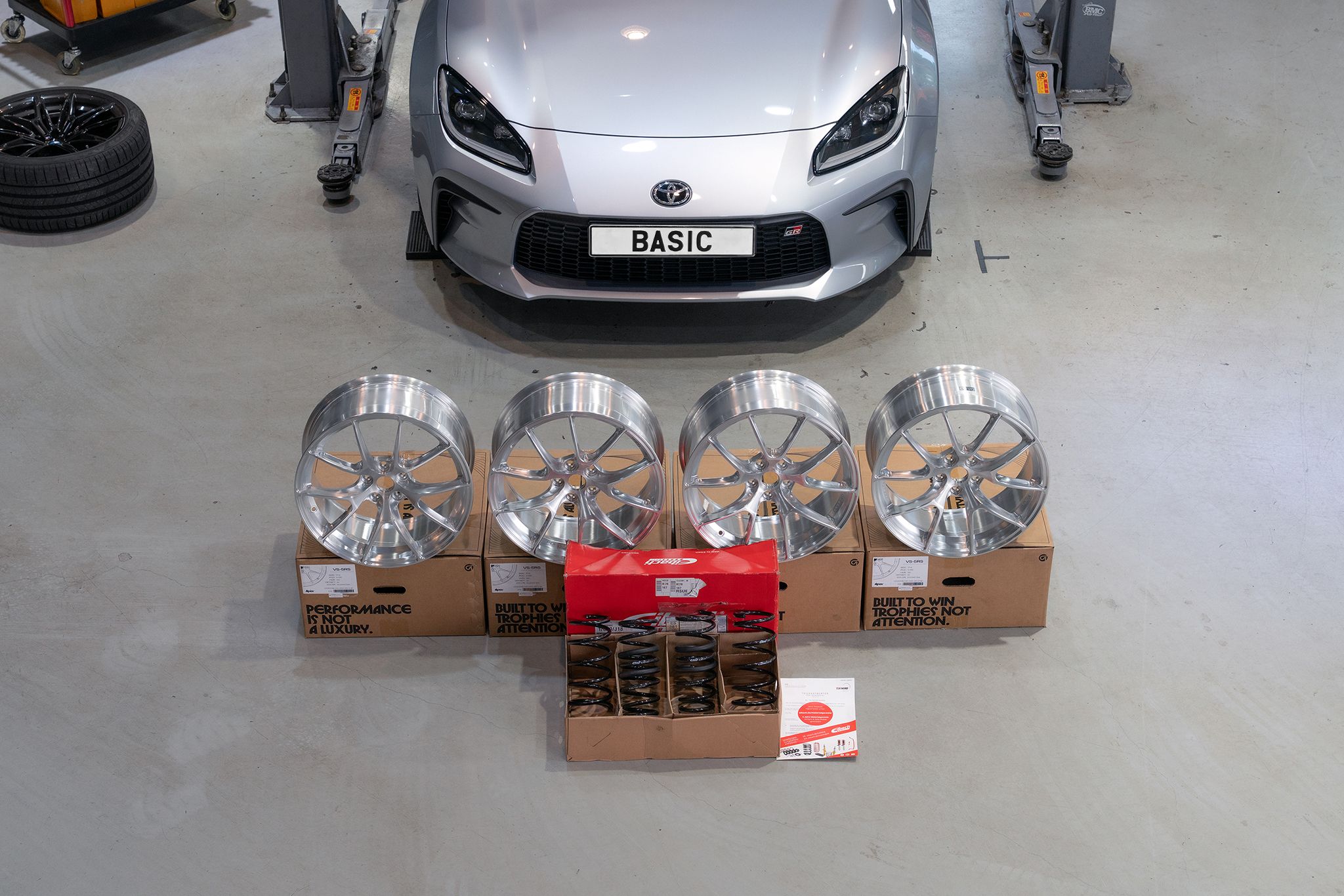 Silver Toyota GR86 with 17" VS-5RS Apex wheels in Brushed Clear