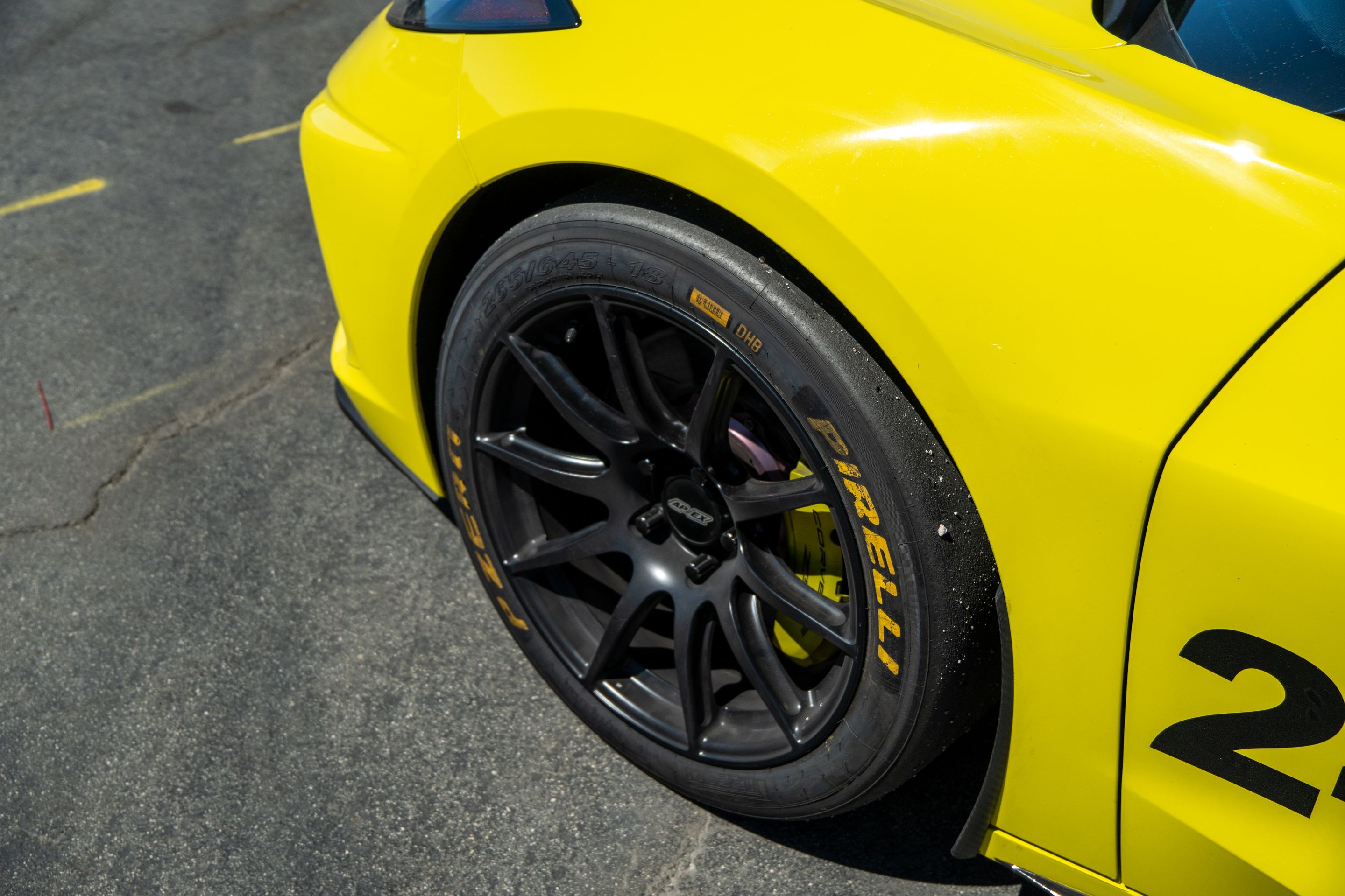 Yellow Chevrolet C8 Corvette Stingray/Z51 with 18"/19" SM-10 Apex wheels in Satin Black
