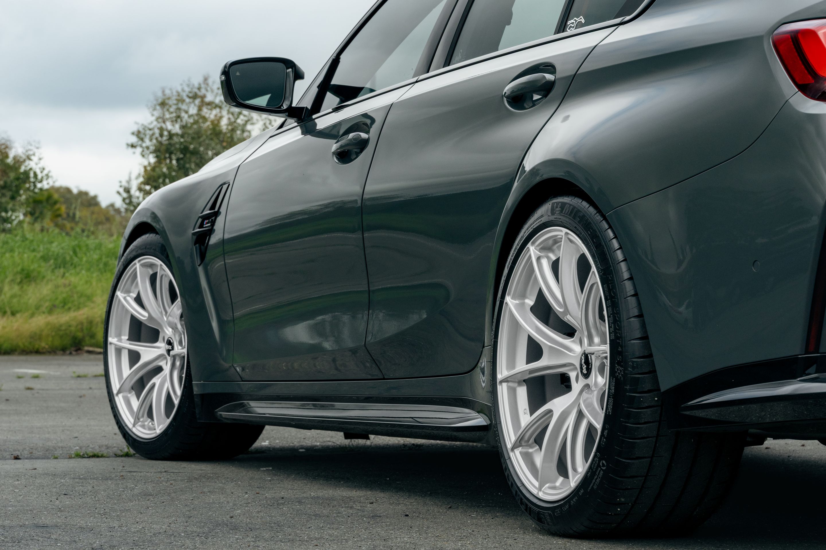 Grey BMW G80 M3 with 19" VS-5 Apex wheels in Race Silver